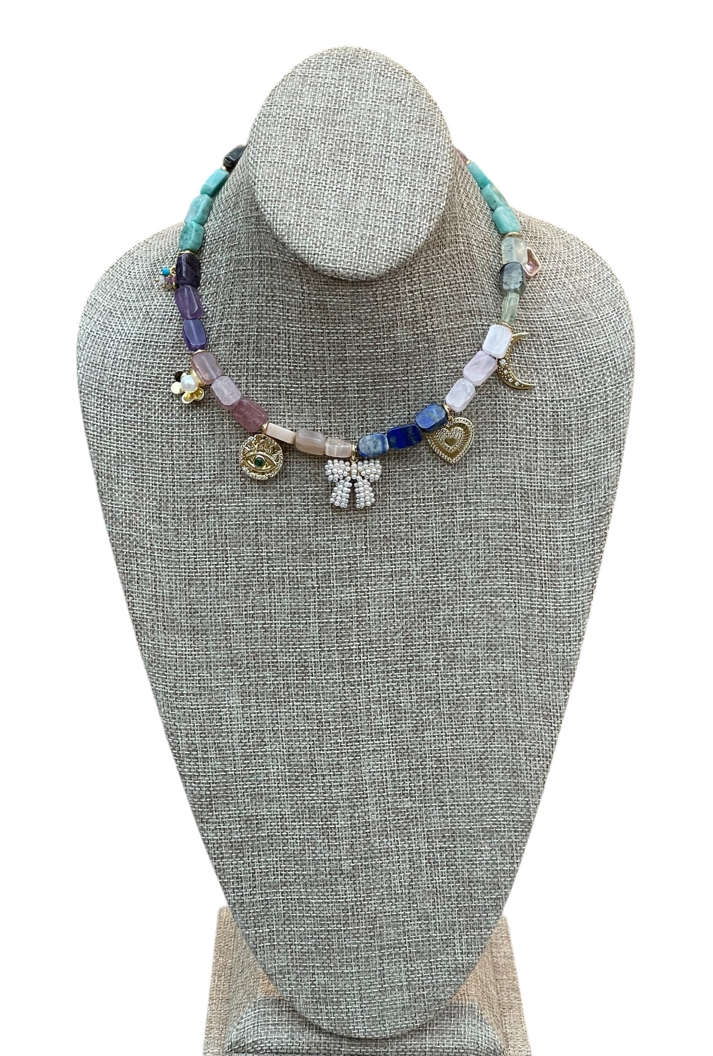 The Gemmy Charms Necklace: Mixture of Gemstone rectangle beads and fun gold charms—Limited Edition