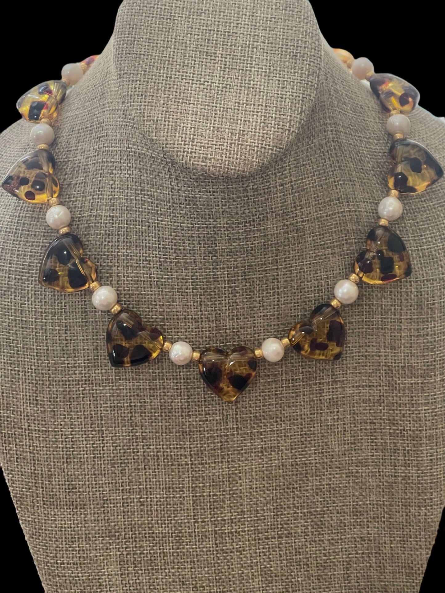 Leopard Love Necklace: Acrylic Leopard Print hearts with gold glass accent beads and Freshwater Pearls Gold Pavé toggle clasp