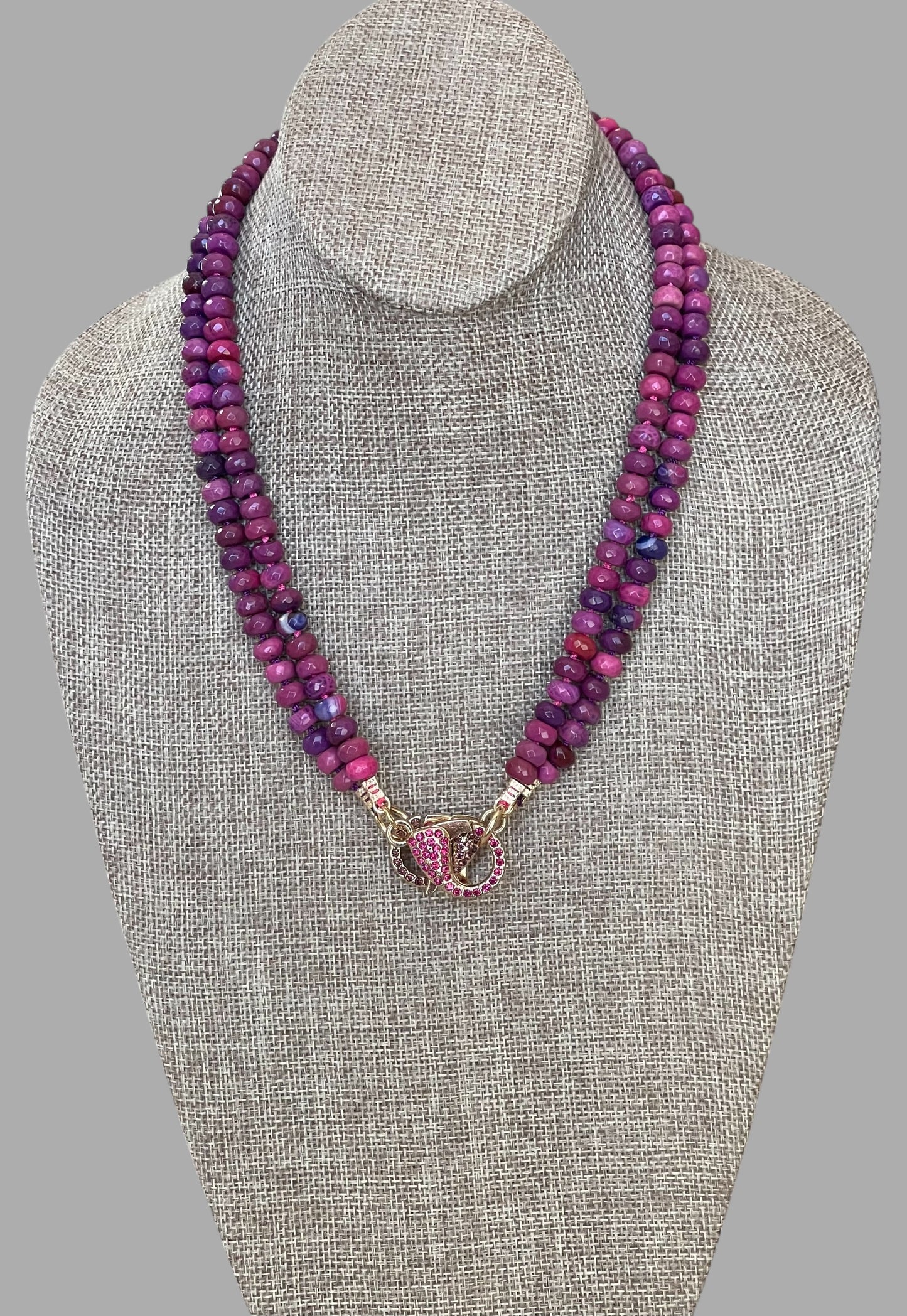 Cascadia Bloom Necklace: 2 Options- Dyed Agate faceted beads Hand knotted on silk, one w/ hot pink silk and hot pink pavé clasp and the other on purple silk w/ purple pavé clasp