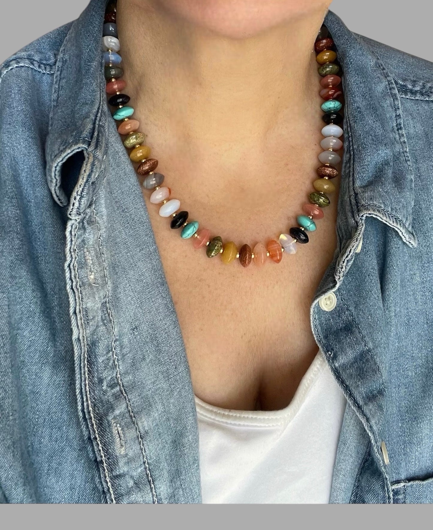 The Francis Necklace: Natural Gemstone Disc Shaped Beads w Gold or Silver Accents