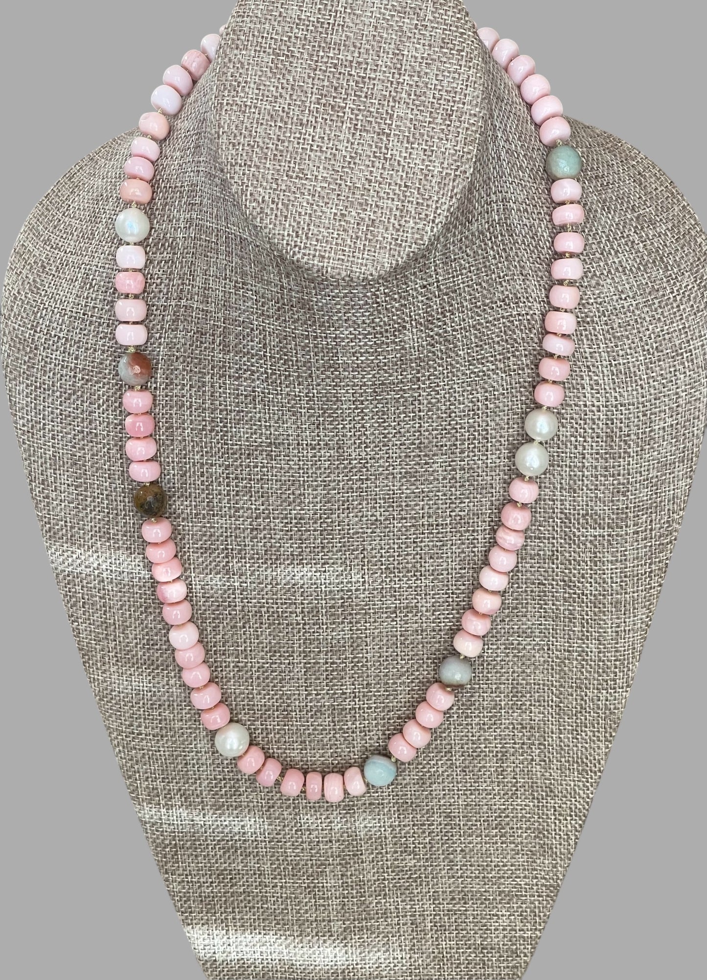 The Audrey Necklace: Natural pink opals hand knotted on pale green silk w Pearls and Amazonite