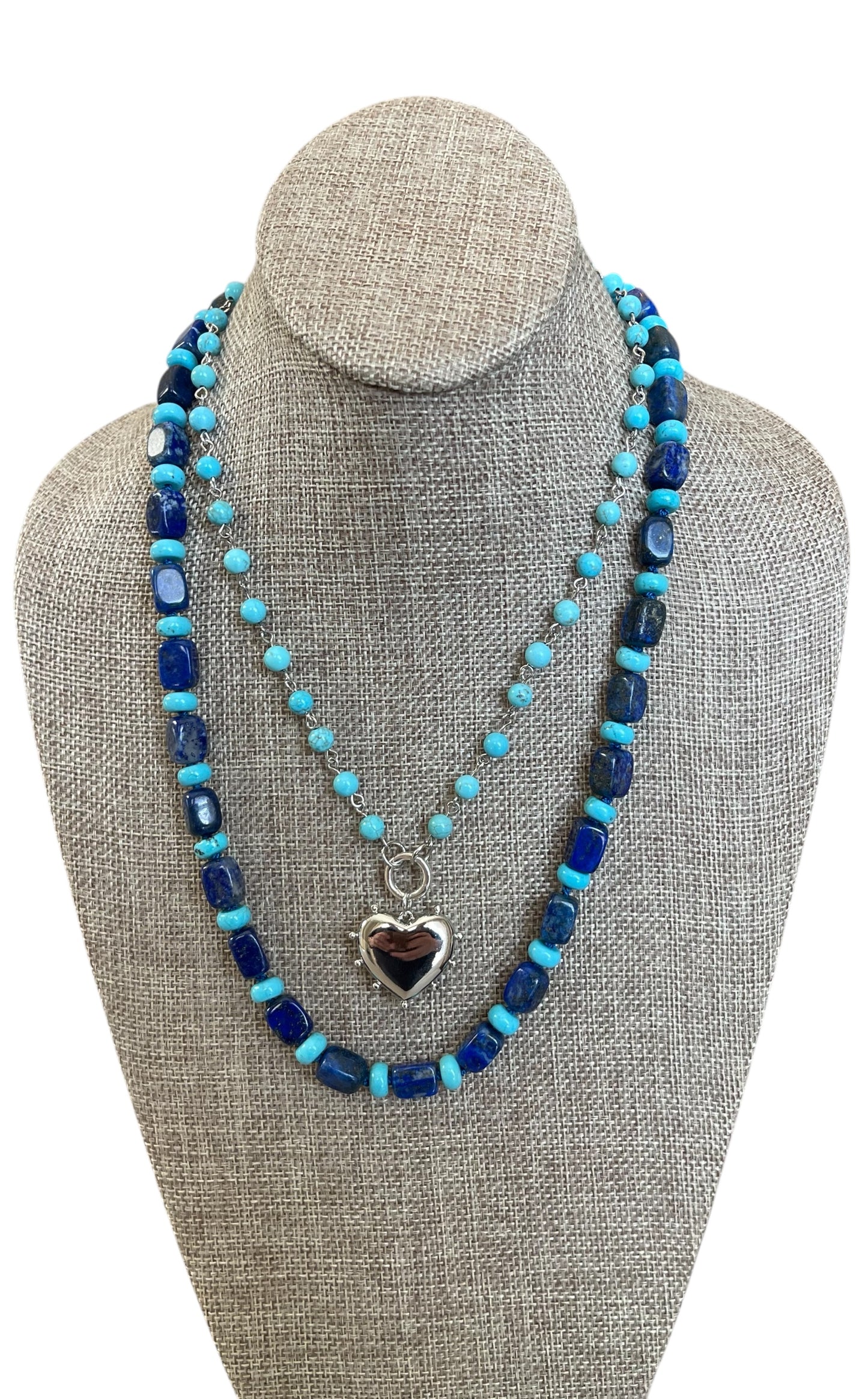 The Catherine Necklace: Gorgeous Lapis Lazuli barrel shaped beads hand knotted on silk w Turquoise accent beads Silver clasp
