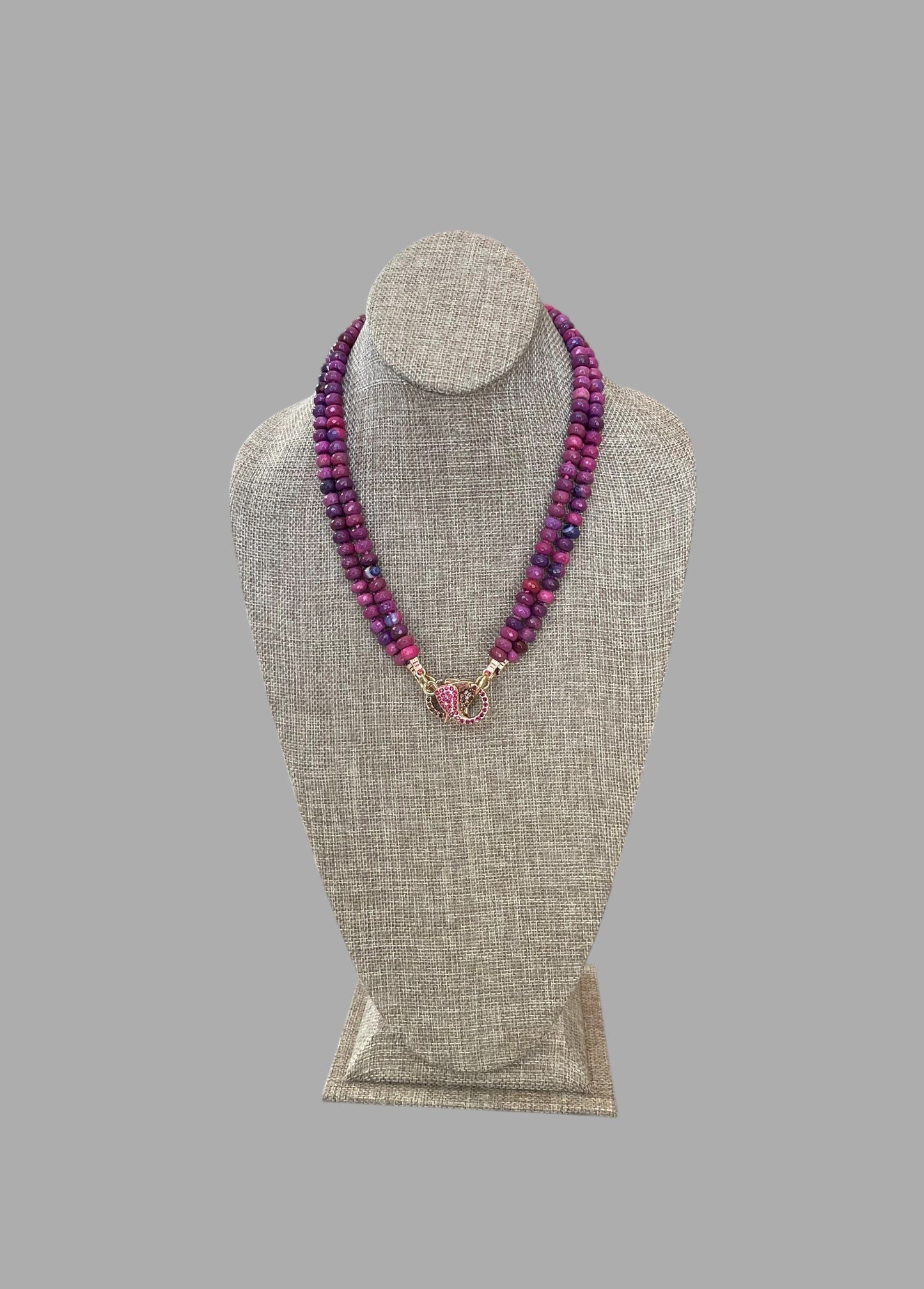 Cascadia Bloom Necklace: 2 Options- Dyed Agate faceted beads Hand knotted on silk, one w/ hot pink silk and hot pink pavé clasp and the other on purple silk w/ purple pavé clasp