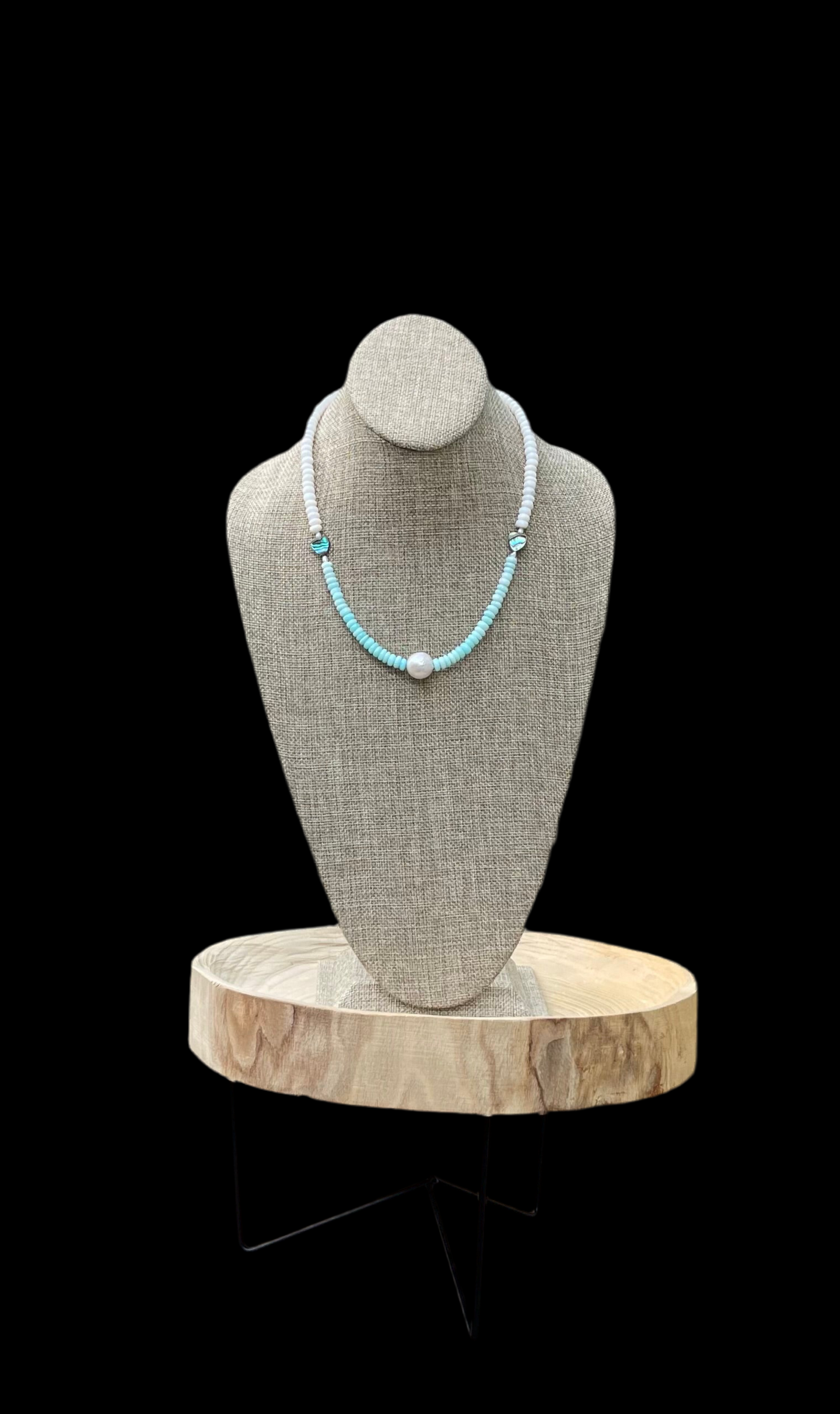 Abalone Hearts Necklace:Peruvian blue &white Opals Abalone shell 🩵 Baroque Pearl OOAK