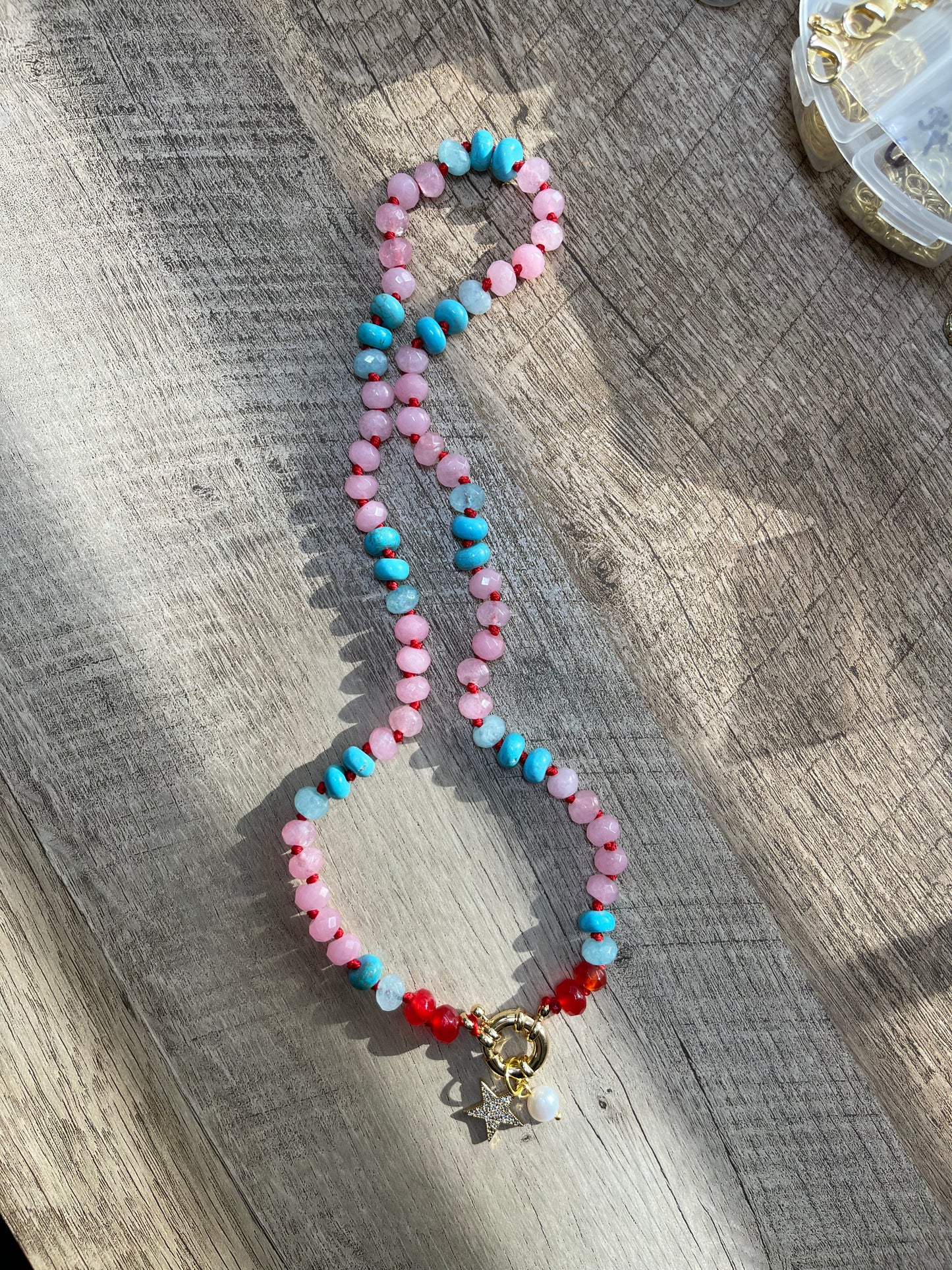 Ms. America: Hand-knotted Natural Stones on red silk w Charms 🇺🇸