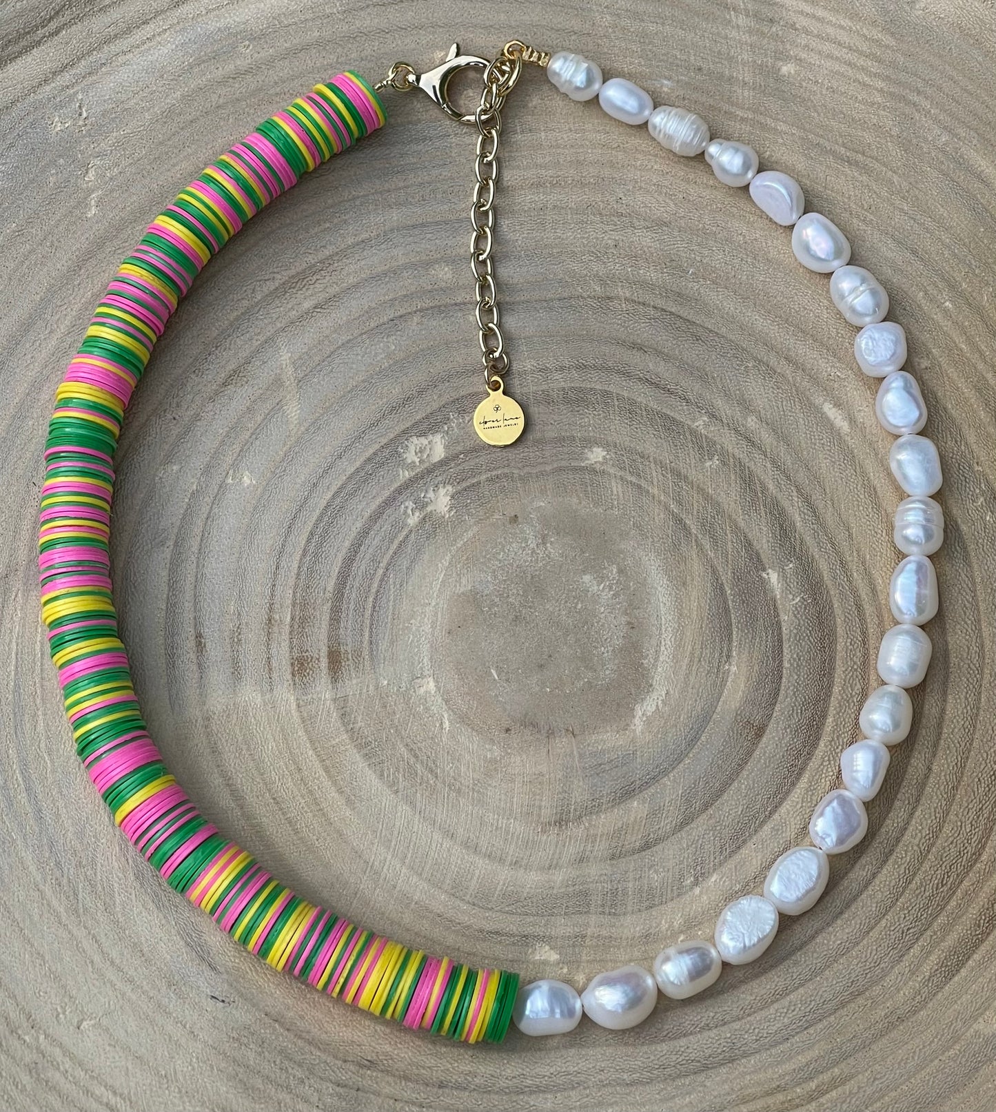 Double Take Necklace: Freshwater Pearls Meet Fun Bright Phono Vinyl Beads Gold Clasp & Extender