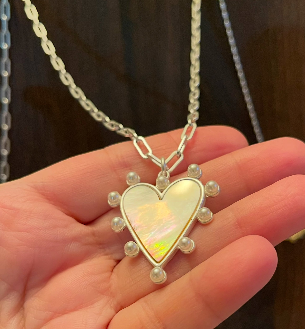 Silver Siren Necklace OOAK: Bright silver Paperclip chain with a stunning Pearl trimmed heart pendant with a mother of pearl center