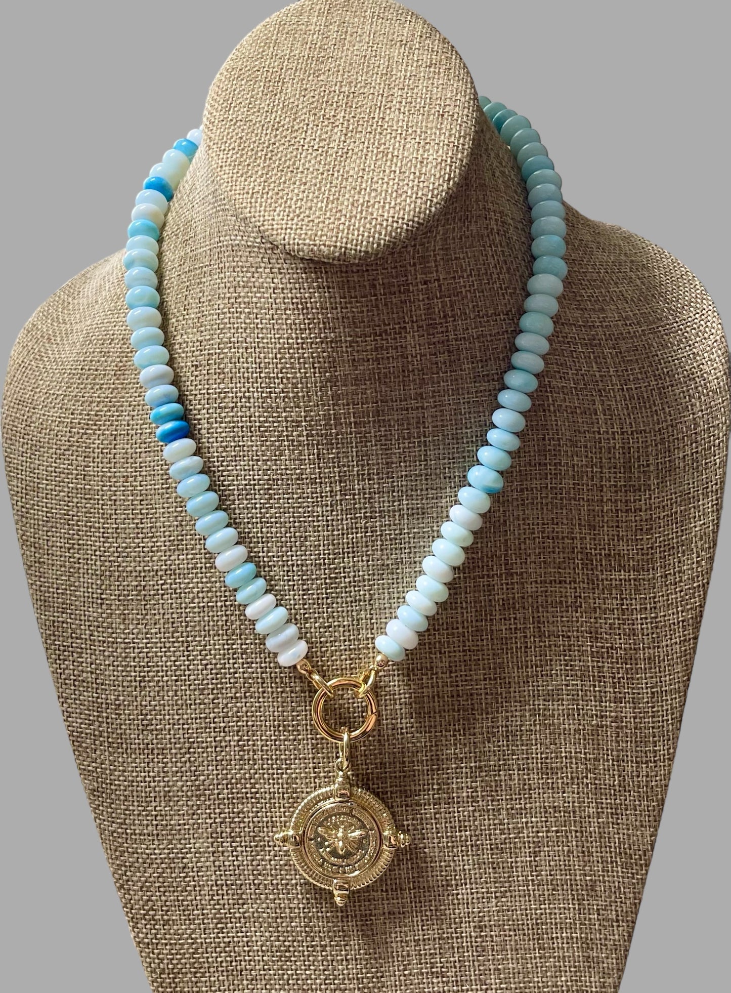 The Skylar Necklace: Sky Blue Opals with a Gold Circle Clasp and French Bee Coin Style Charm OOAK