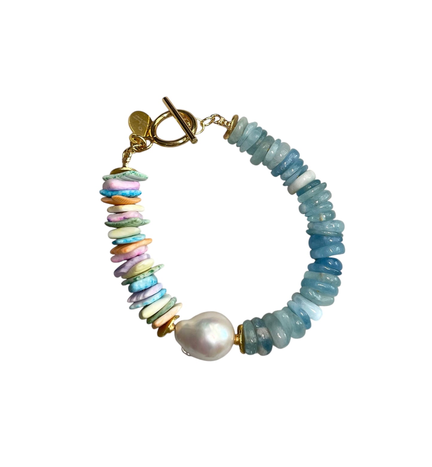 Chic Island Bracelets: Pastel dyed Puka shell, Flawless Baroque Pearl, Aquamarine OR Rose Quartz, Gold accents