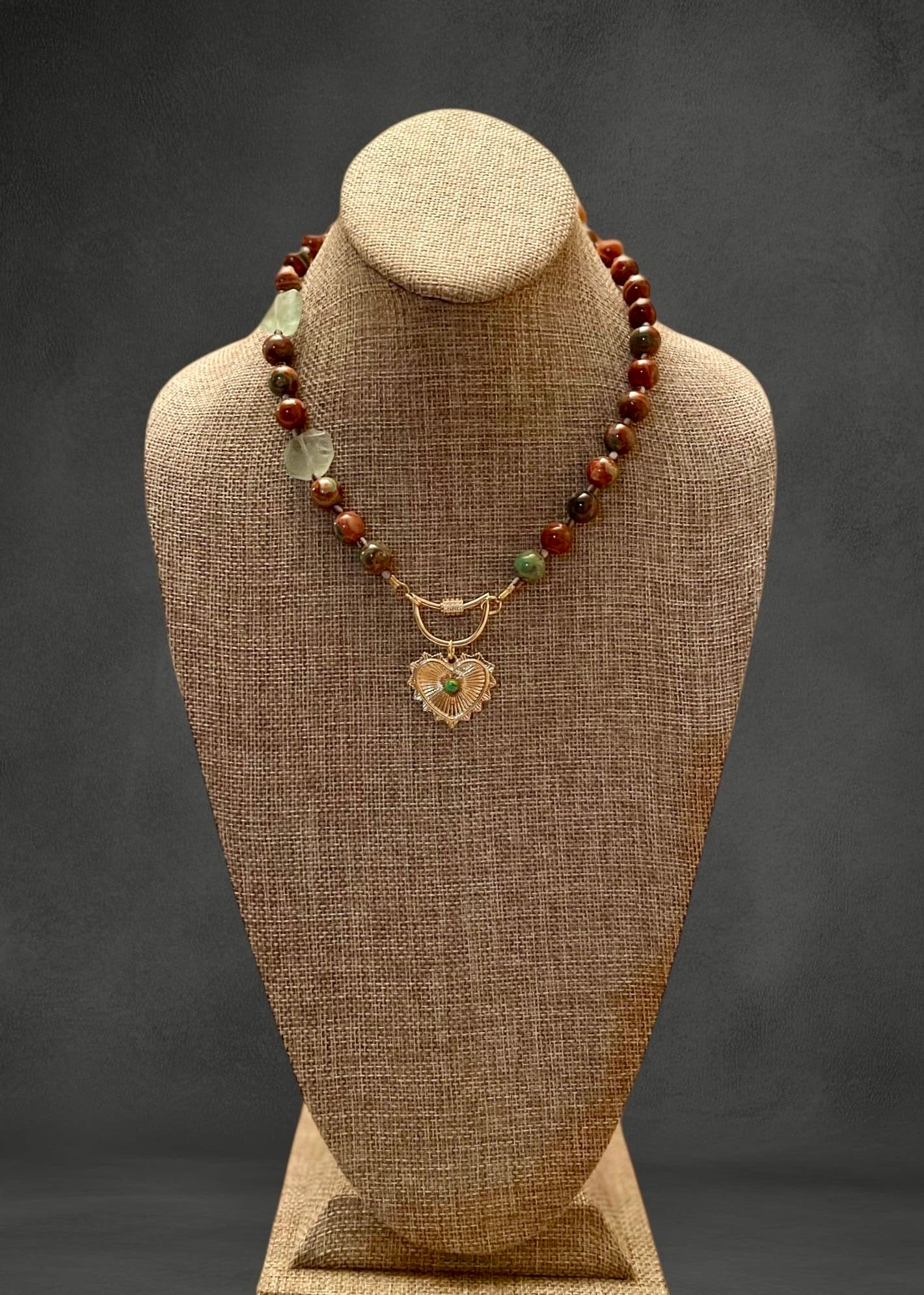Heirloom Heart Necklace: Red Copper & Sage Agate beads with Green accent stones and a heart pendant
