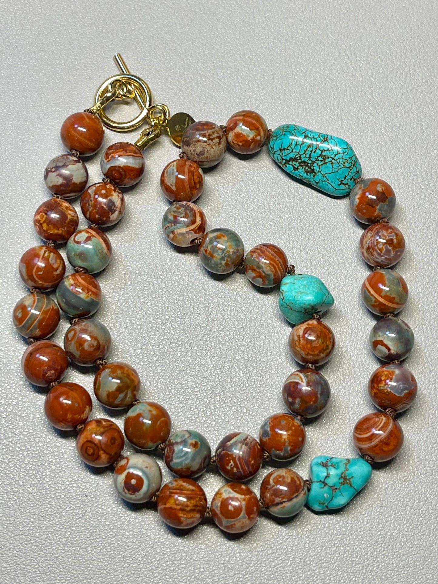 Red Copper & Turquoise Necklace: Hand knotted on brown silk, Natural Agate beads and rustic Turquoise, Gold Toggle clasp OOAK
