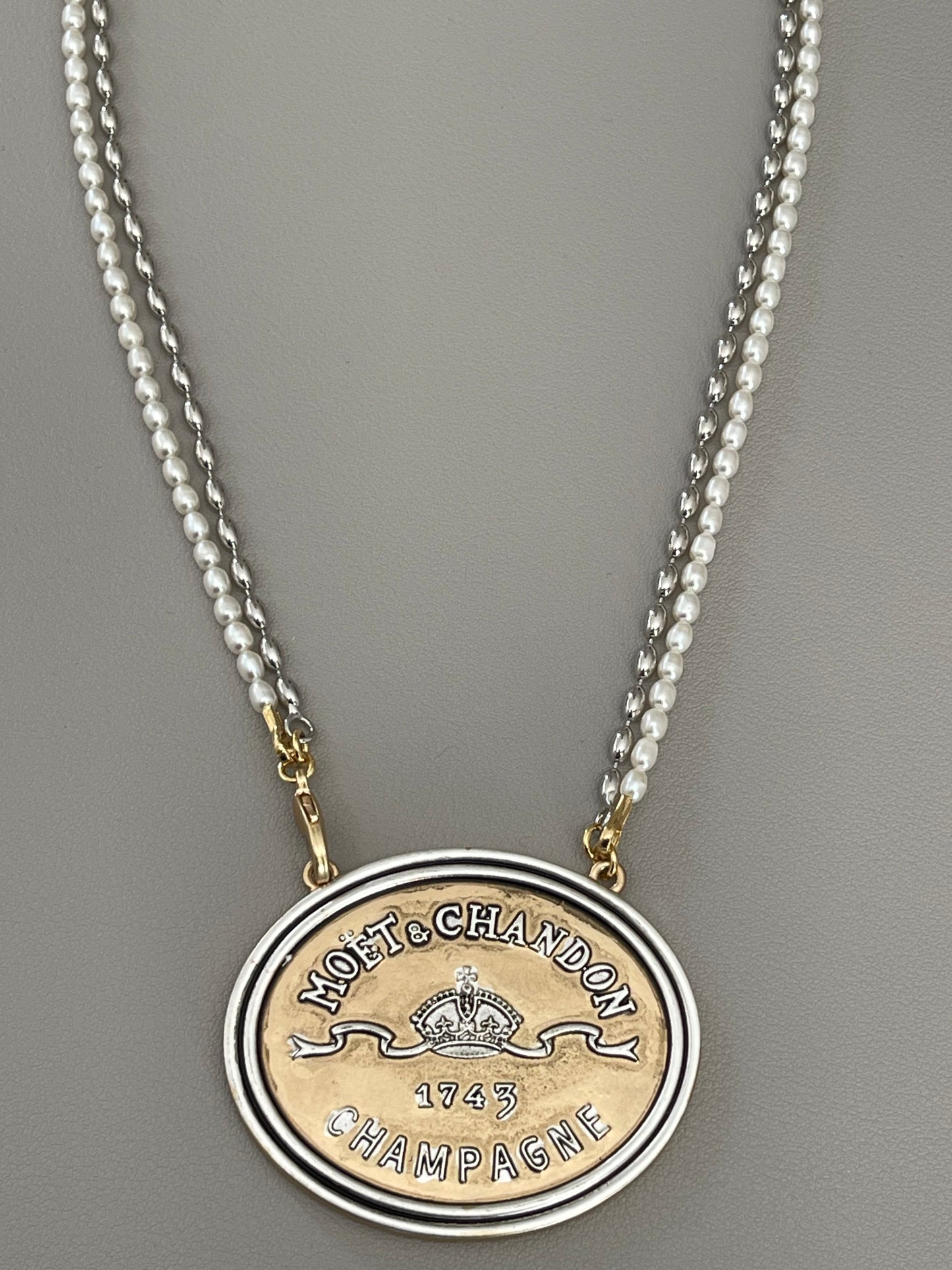 Vintage French Necklace: Freshwater Pearl and Silver Necklace w a Silver & Gold Medallion