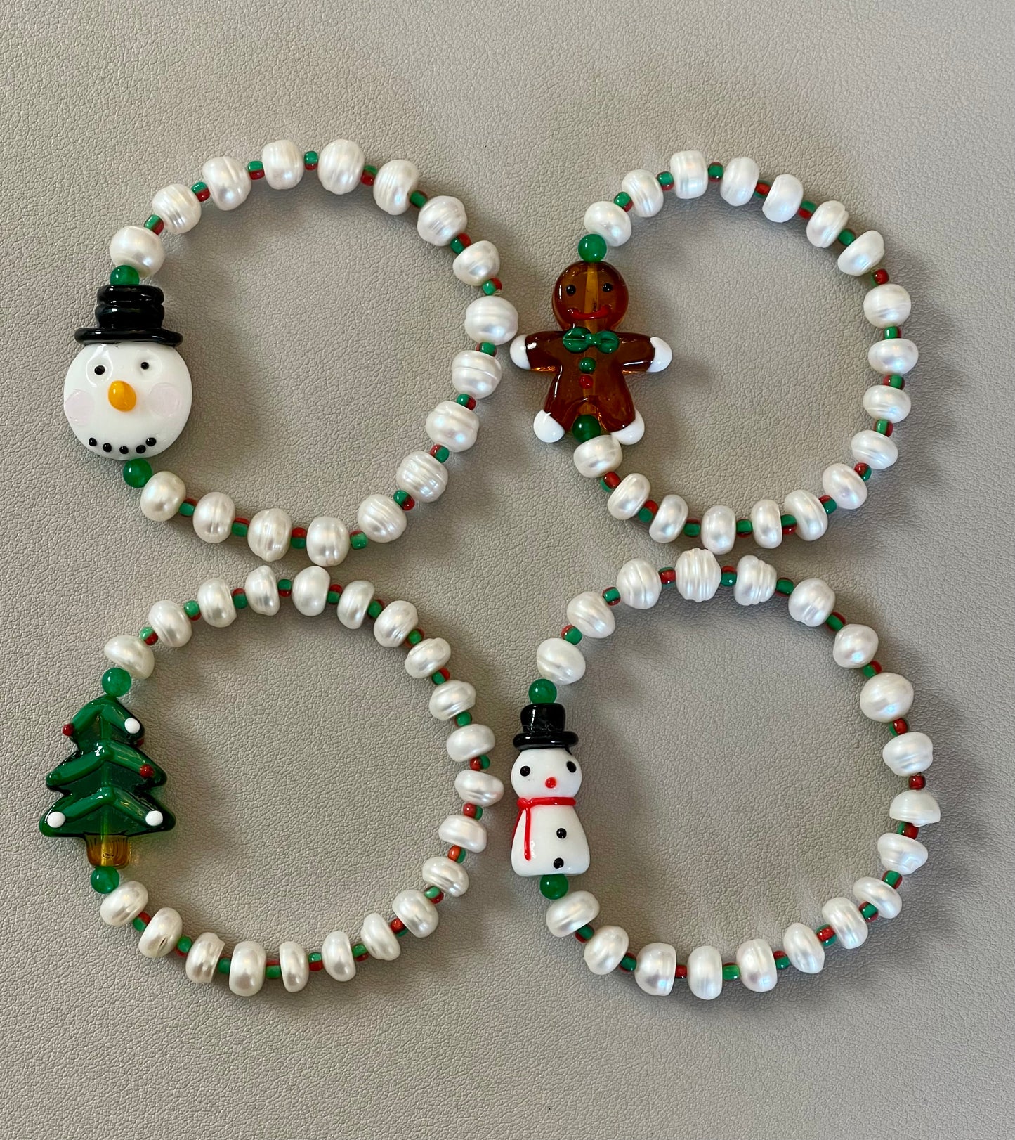 Holiday Snowball Bracelets: Hand painted glass centerpiece on a Freshwater Pearl stretch bracelet FREE SHIPPING