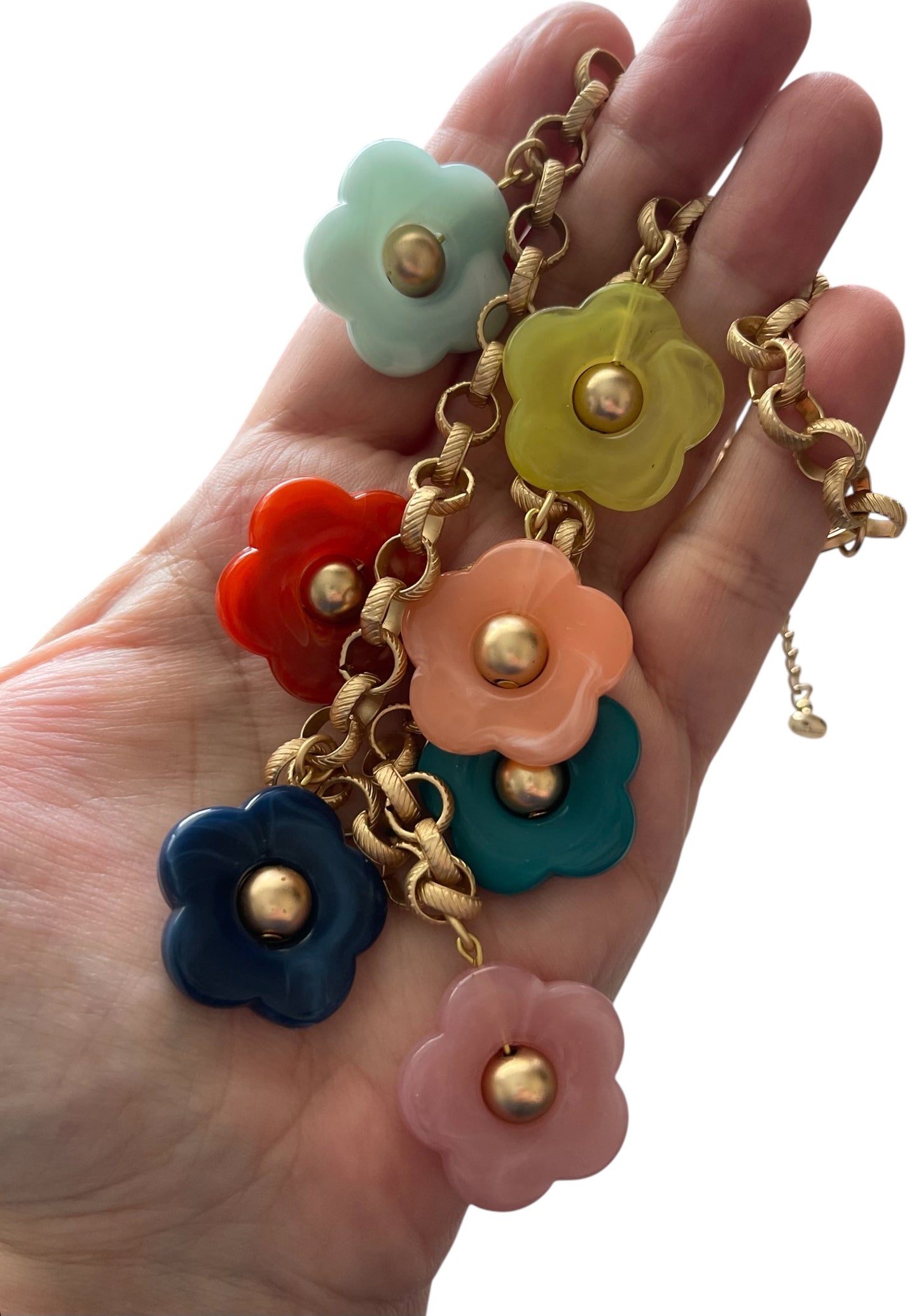 Bloom Necklace: Acrylic flowers with brushed gold centers on a brushed gold Rolo chain