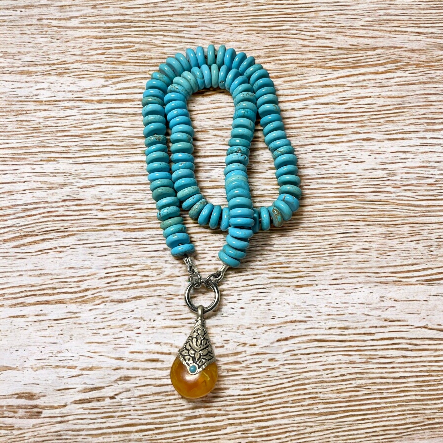 Desert Sky Necklace: Quality Natural Turquoise Hand-knotted on Deep Brown Silk w Pendant Wear 2 Ways