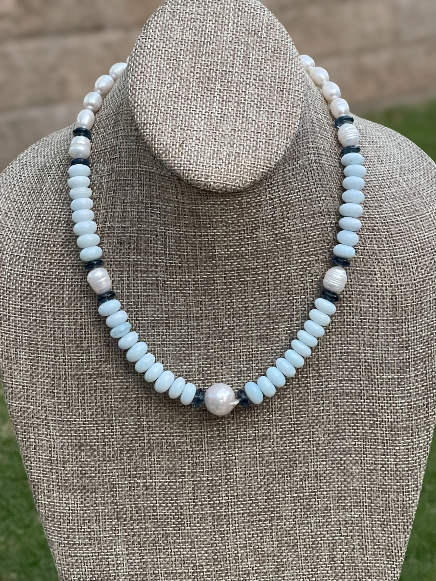 Coastal Charm Necklace OOAK: Pale blue opals AAA quality pearls London blue topaz Brushed silver clasp