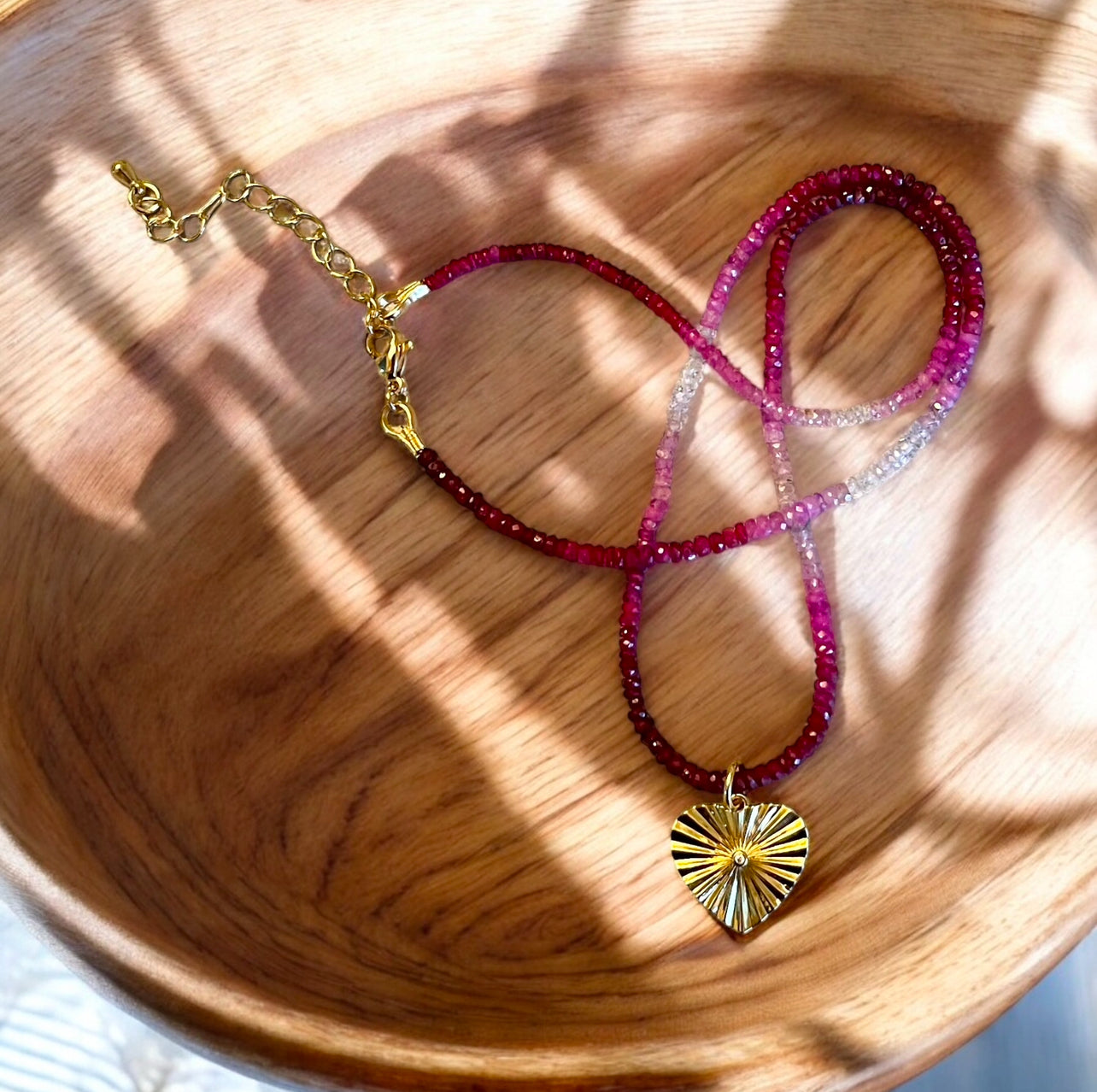 Gradient Ruby Necklace: Natural authentic Ruby gemstone necklace w/ gold heart charm and gold filled lobster clasp OOAK
