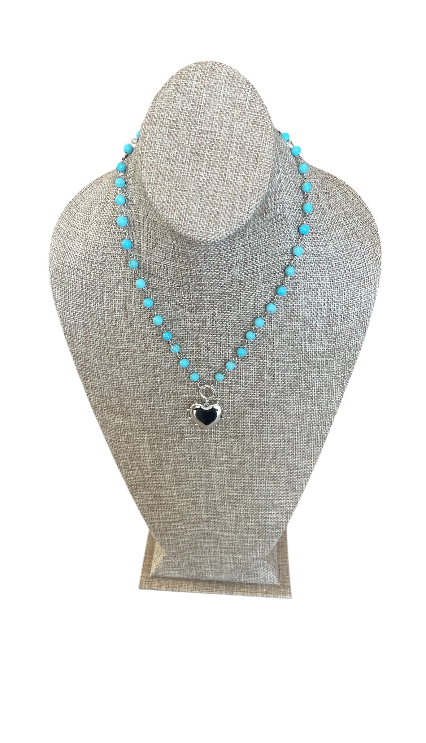 Rhodium Sky necklace: Turquoise Howlite bead rosary style chain Silver circle clasp/charm holder Rhodium silver plated heart pendant