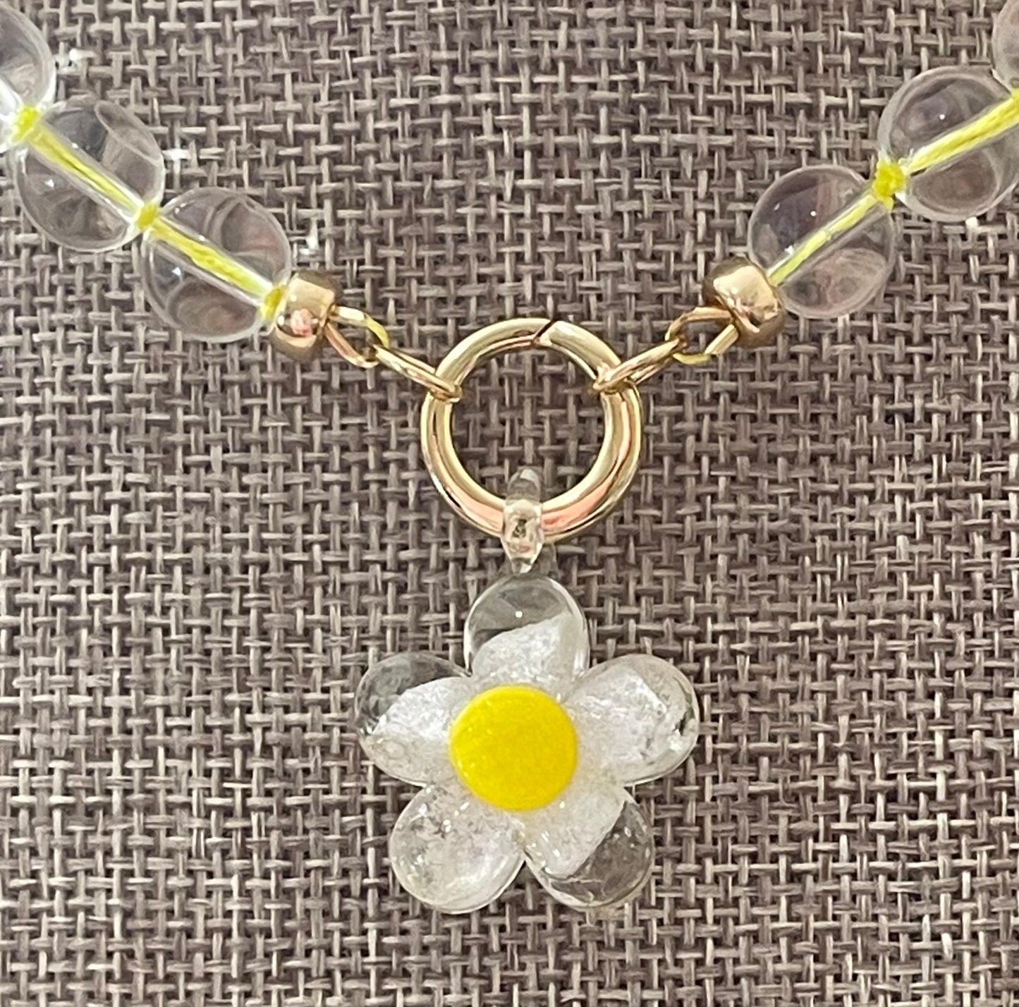 Bright Bubble Necklace: Clear Glass Bubble Beads Handknotted on Neon Yellow Silk Thread Gold Circle Clasp Handmade Glass Daisy Pendants 2 Bead Options: 8mm or 10mm