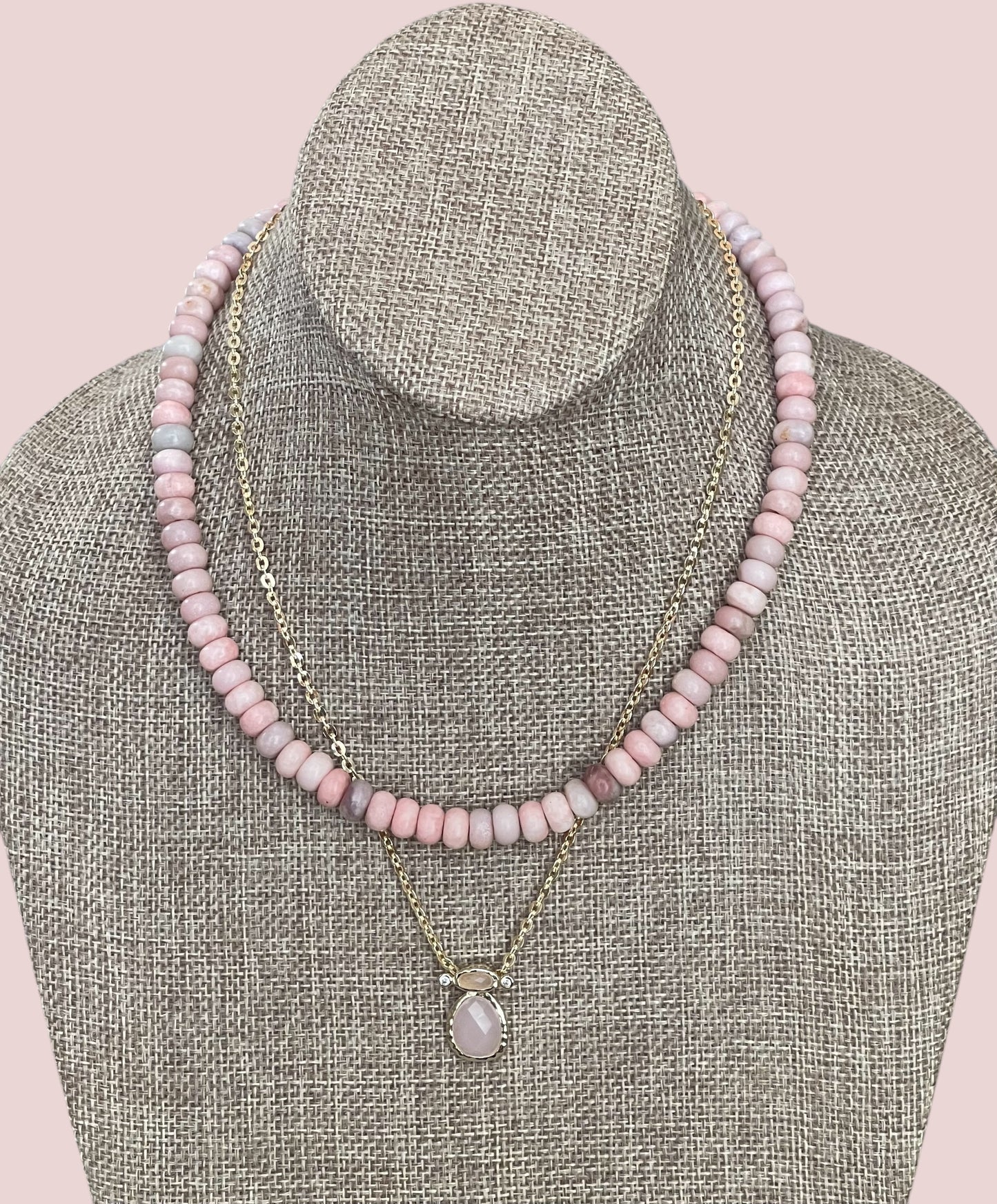The Chic Pink Set: Matte pink opals with a gold charm holder clasp & a gold filled chain w a pink crystal and CZ charm OOAK
