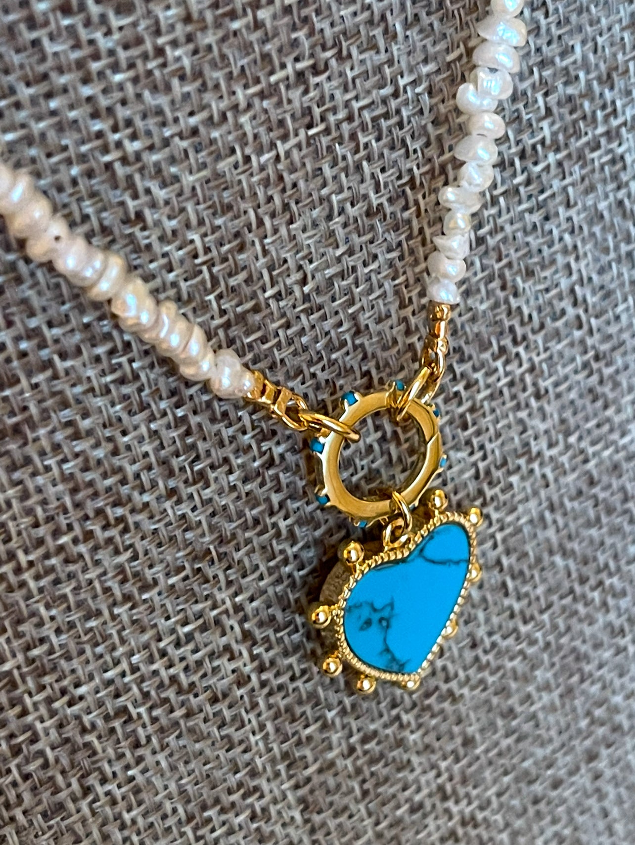 The Azure Heart Necklace: Petite rustic freshwater pearls, gold and turquoise clasp/charm holder Adorable faux turquoise heart charm OOAK