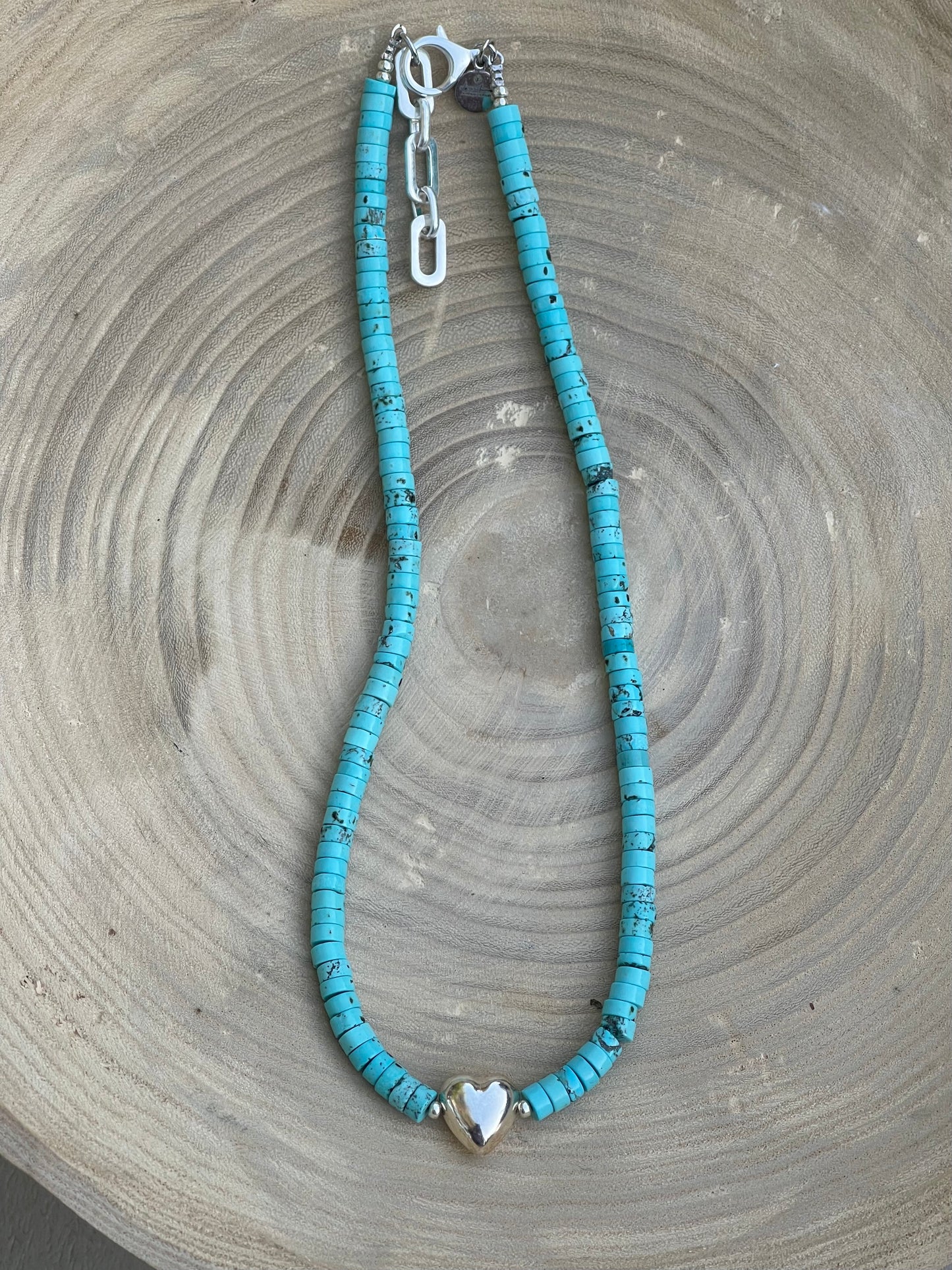 The Wynona Necklace: Stabilized Kingman Turquoise Heishi beads Sterling Silver center heart OOAK