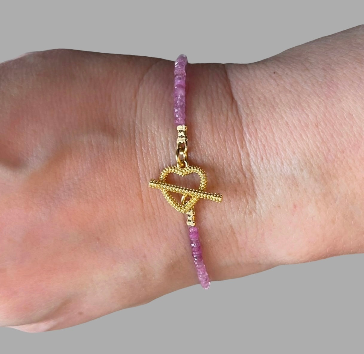 Gradient Ruby Bracelet: Genuine Ruby gemstones Textured gold heart toggle clasp OOAK