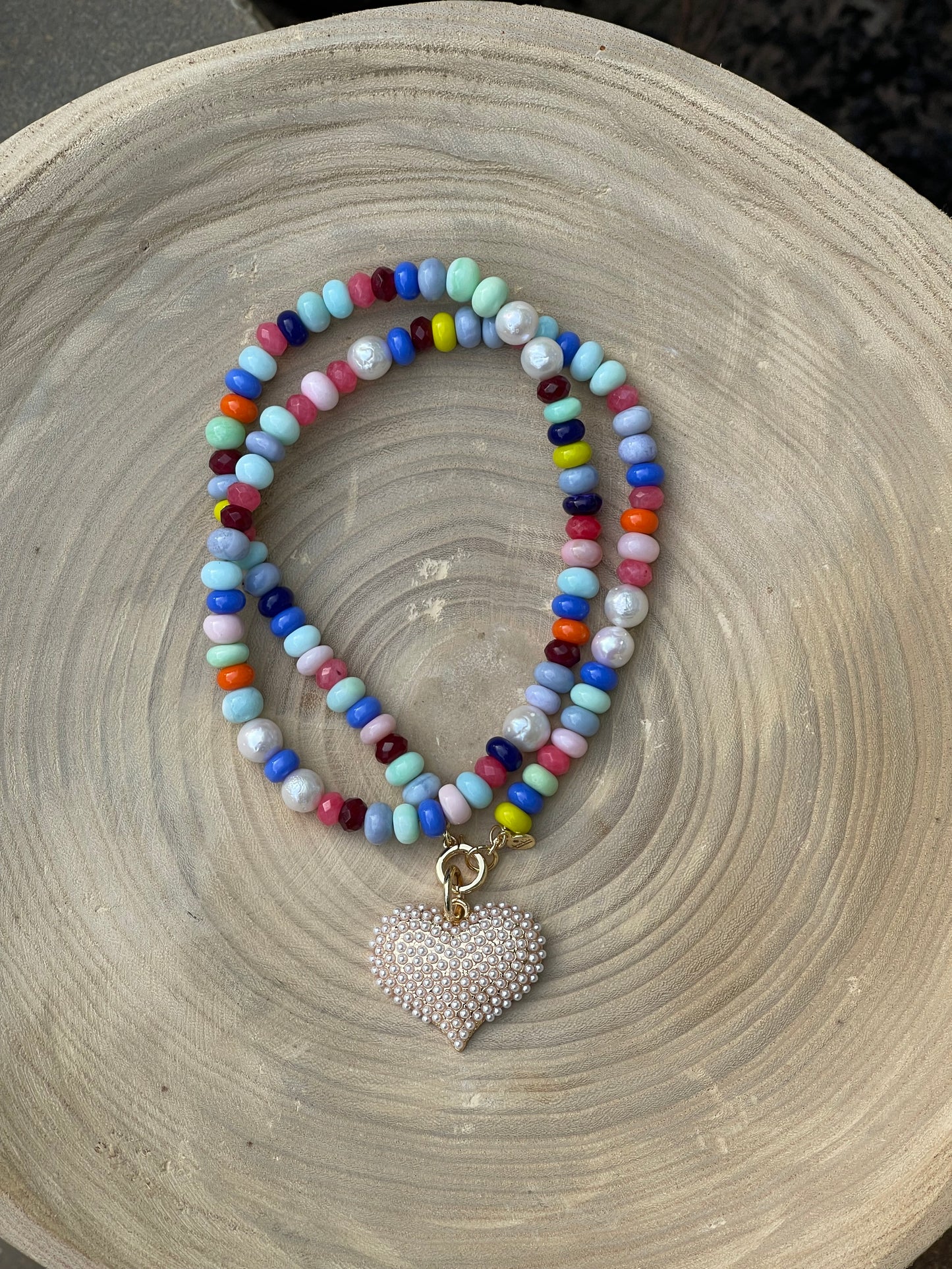 Multi Gemstone Pearl Pavé Heart Necklace: Multi gemstones, high quality round freshwaters pearls OOAK