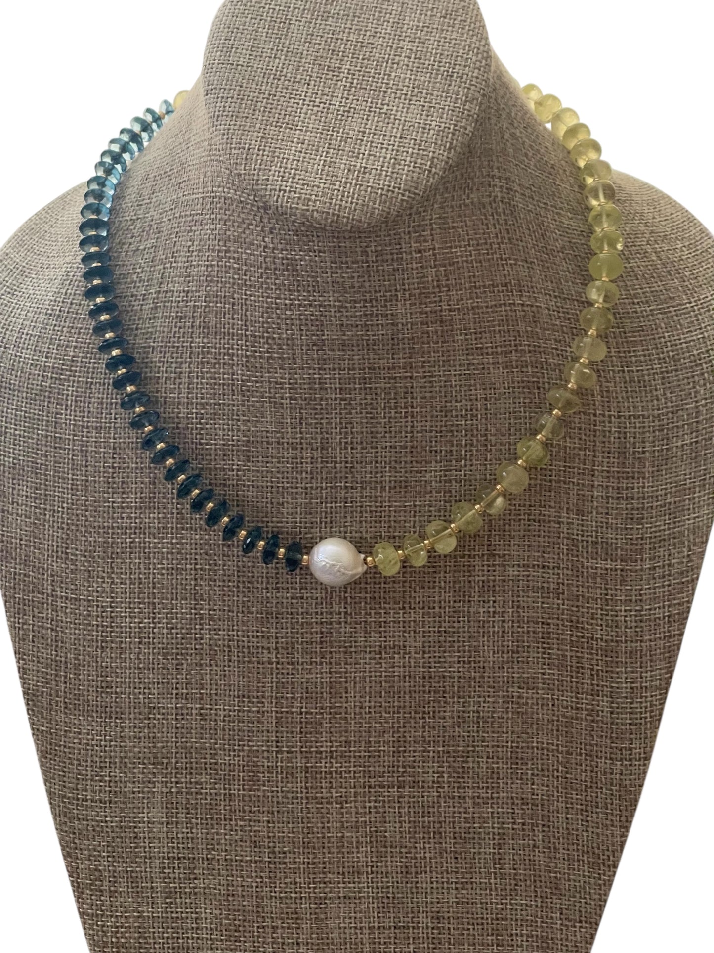 Lemon London Necklace: Lemon Quartz and London Blue Topaz Gemstone Beads Gold Accents Baroque Pearl Center OOAK