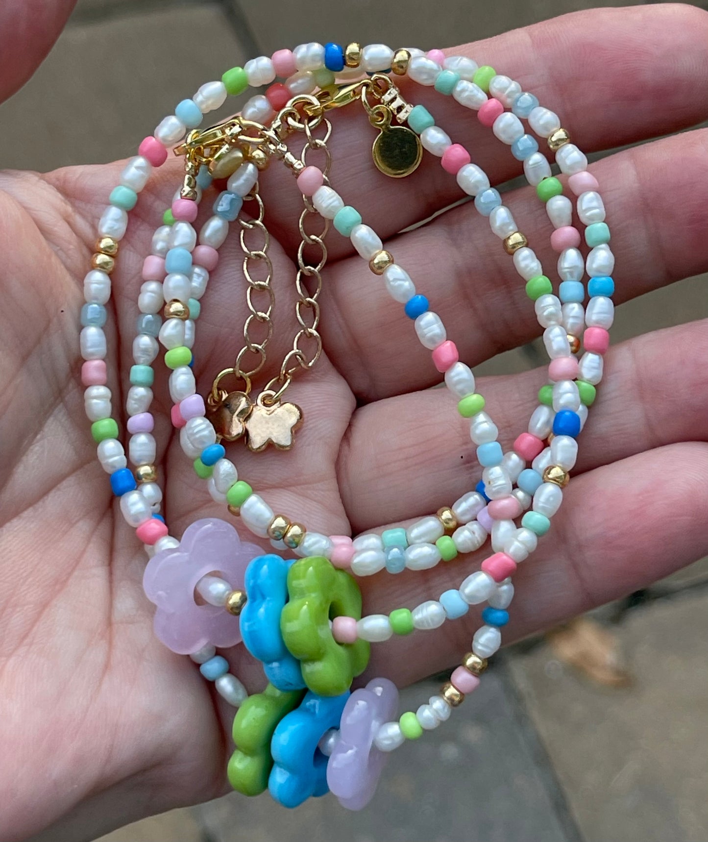 Candy Petals Necklace for Girls/Teens: Freshwater Pearls, Candy colored accents, Fun flower charms and gold clasp and extender