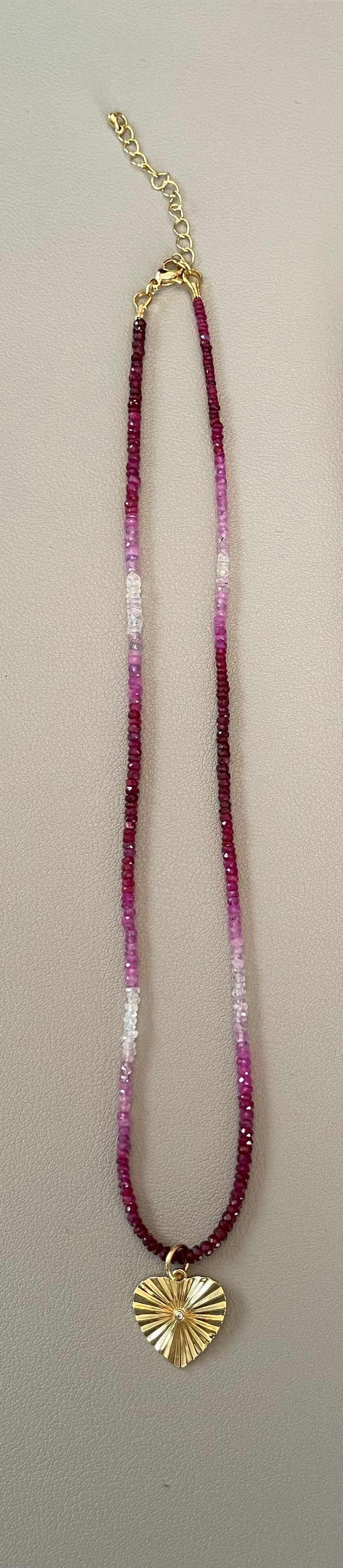Gradient Ruby Necklace: Natural authentic Ruby gemstone necklace w/ gold heart charm and gold filled lobster clasp OOAK