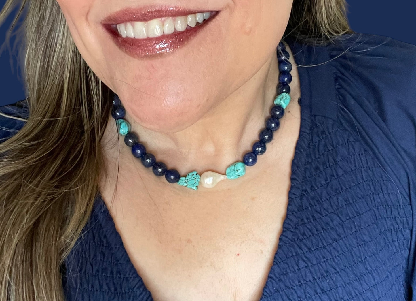 Deep Sea Muse: AAA quality Lapis Lazuli beads with Turquoise and a freshwater baroque pearl center OOAK