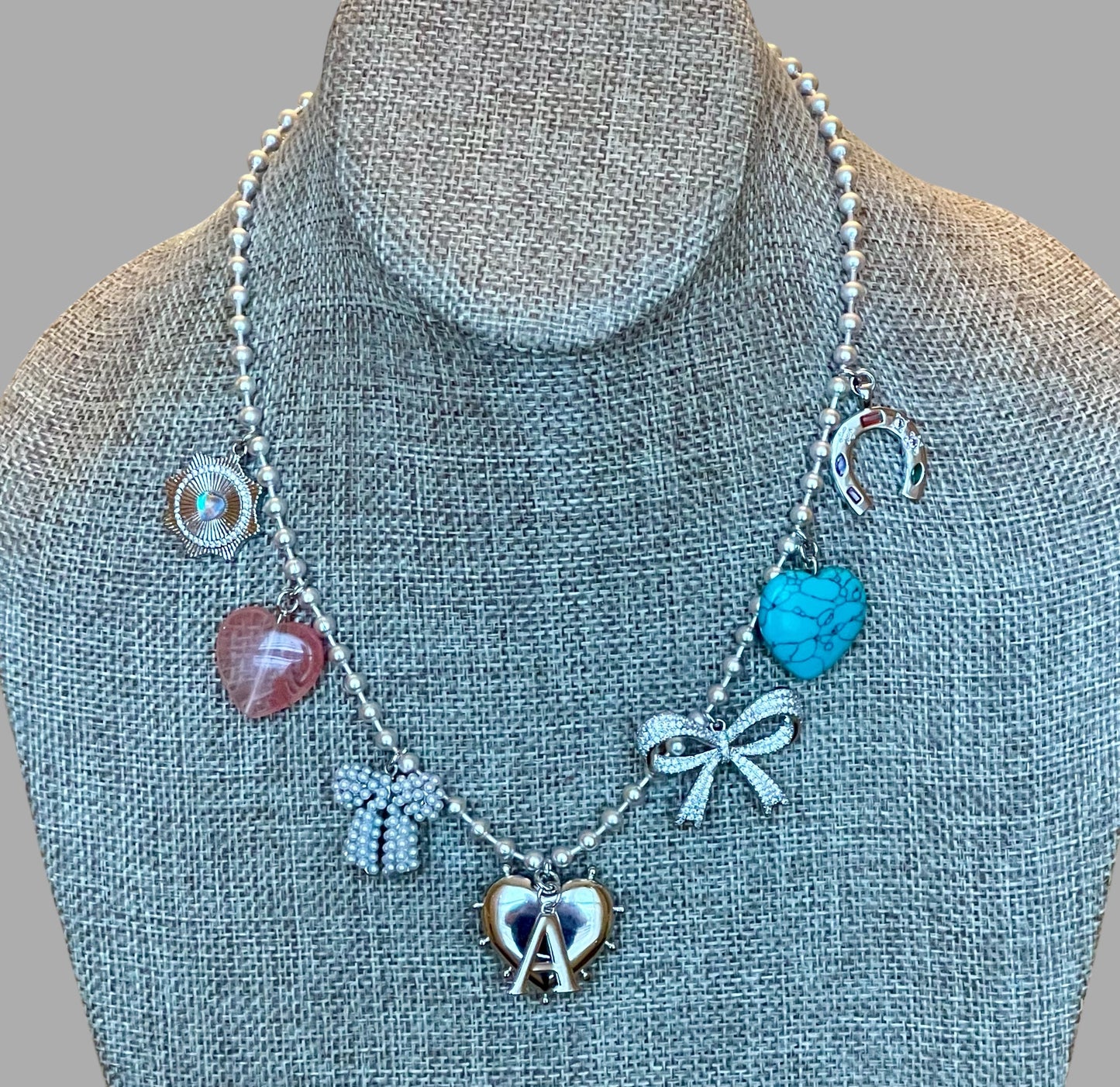The Leslie Necklace: OOAK Silver ball chain with various silver charms and clasp