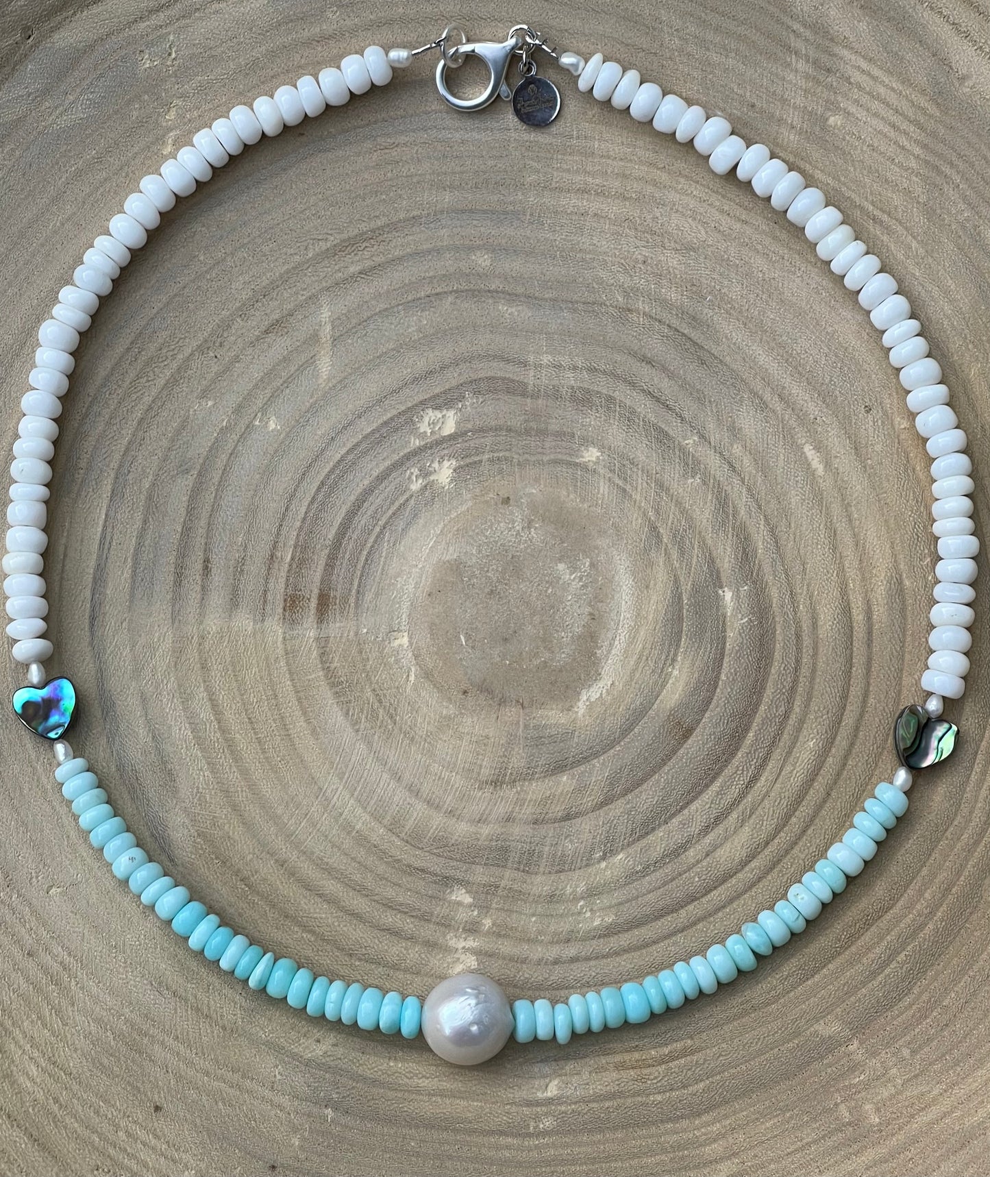 Abalone Hearts Necklace:Peruvian blue &white Opals Abalone shell 🩵 Baroque Pearl OOAK
