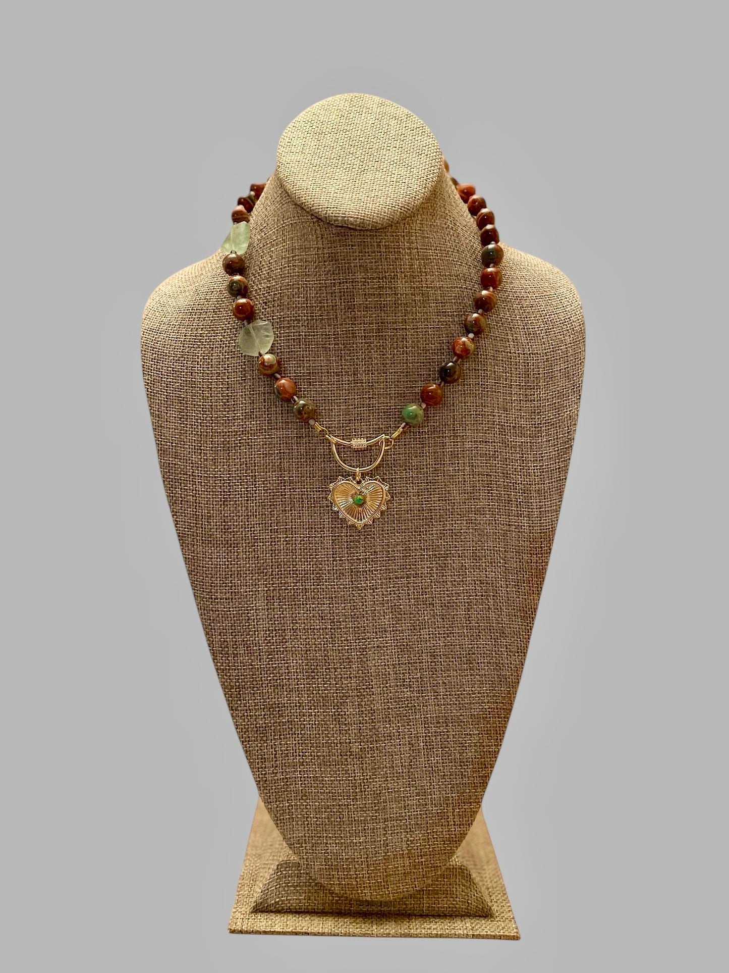 Heirloom Heart Necklace: Red Copper & Sage Agate beads with Green accent stones and a heart pendant