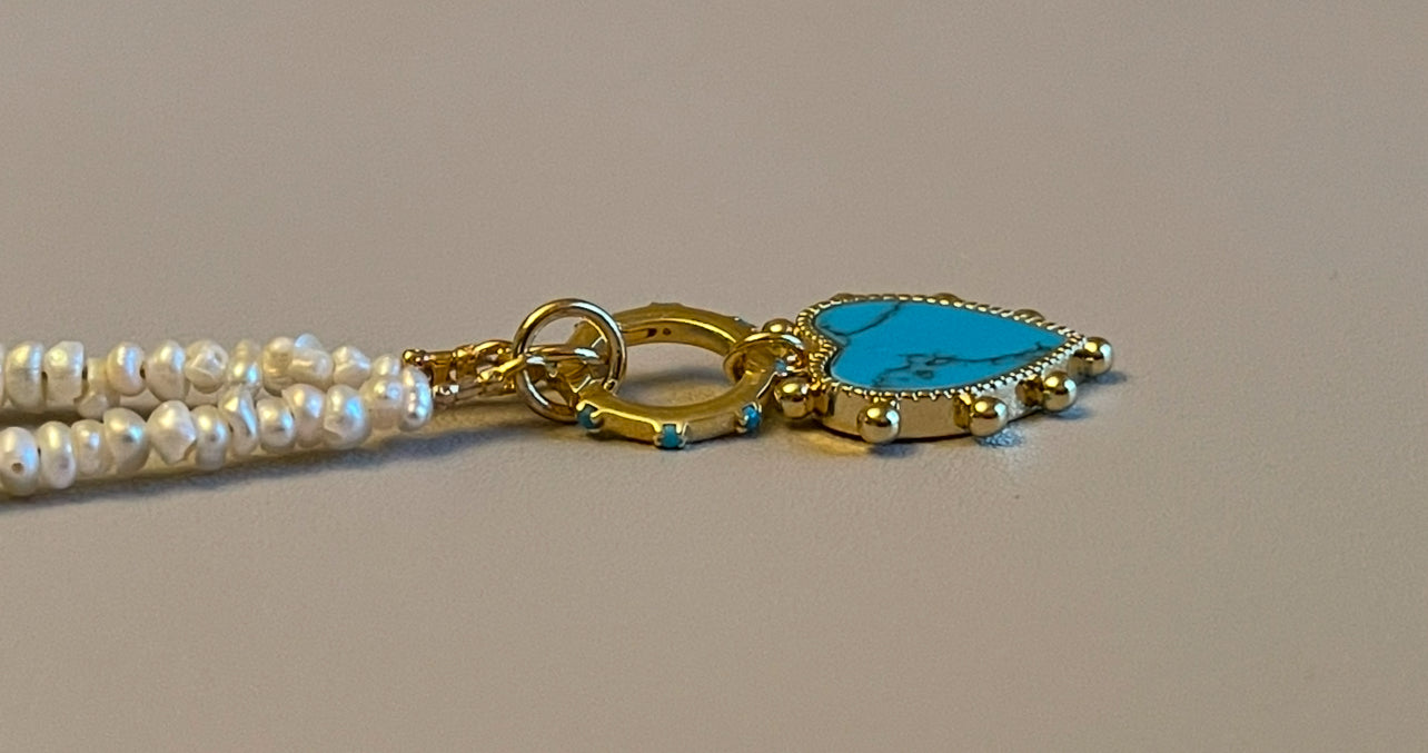 The Azure Heart Necklace: Petite rustic freshwater pearls, gold and turquoise clasp/charm holder Adorable faux turquoise heart charm OOAK