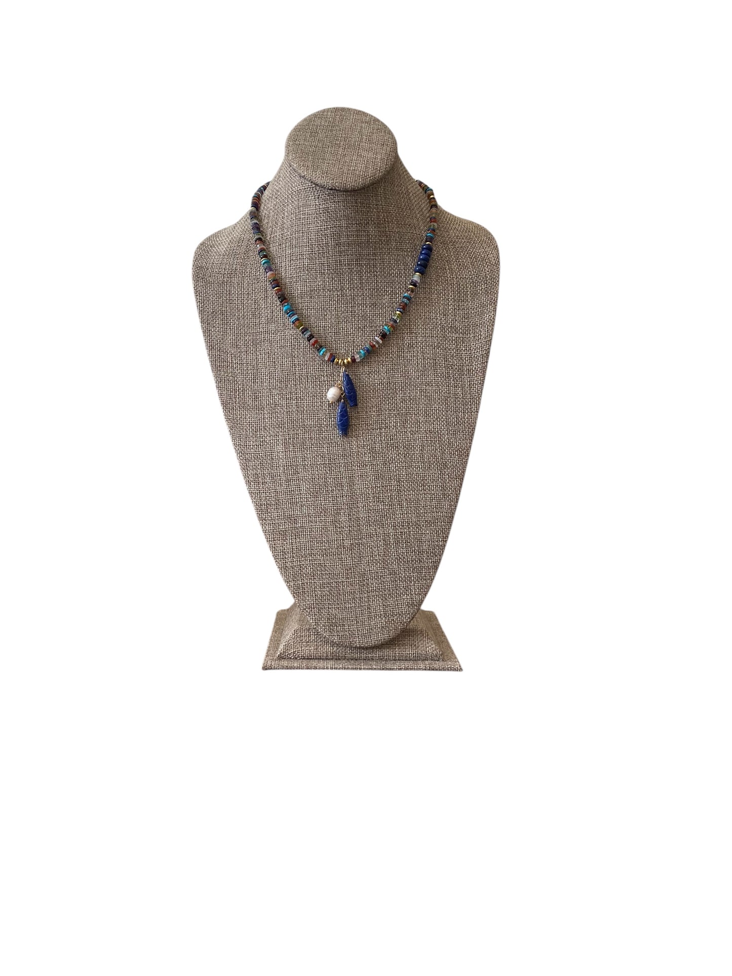 Catch O’ the Day Necklace: Mixed Multi Gemstones w Lapis & gold accents Lapis fish & Pearl Charms OOAK