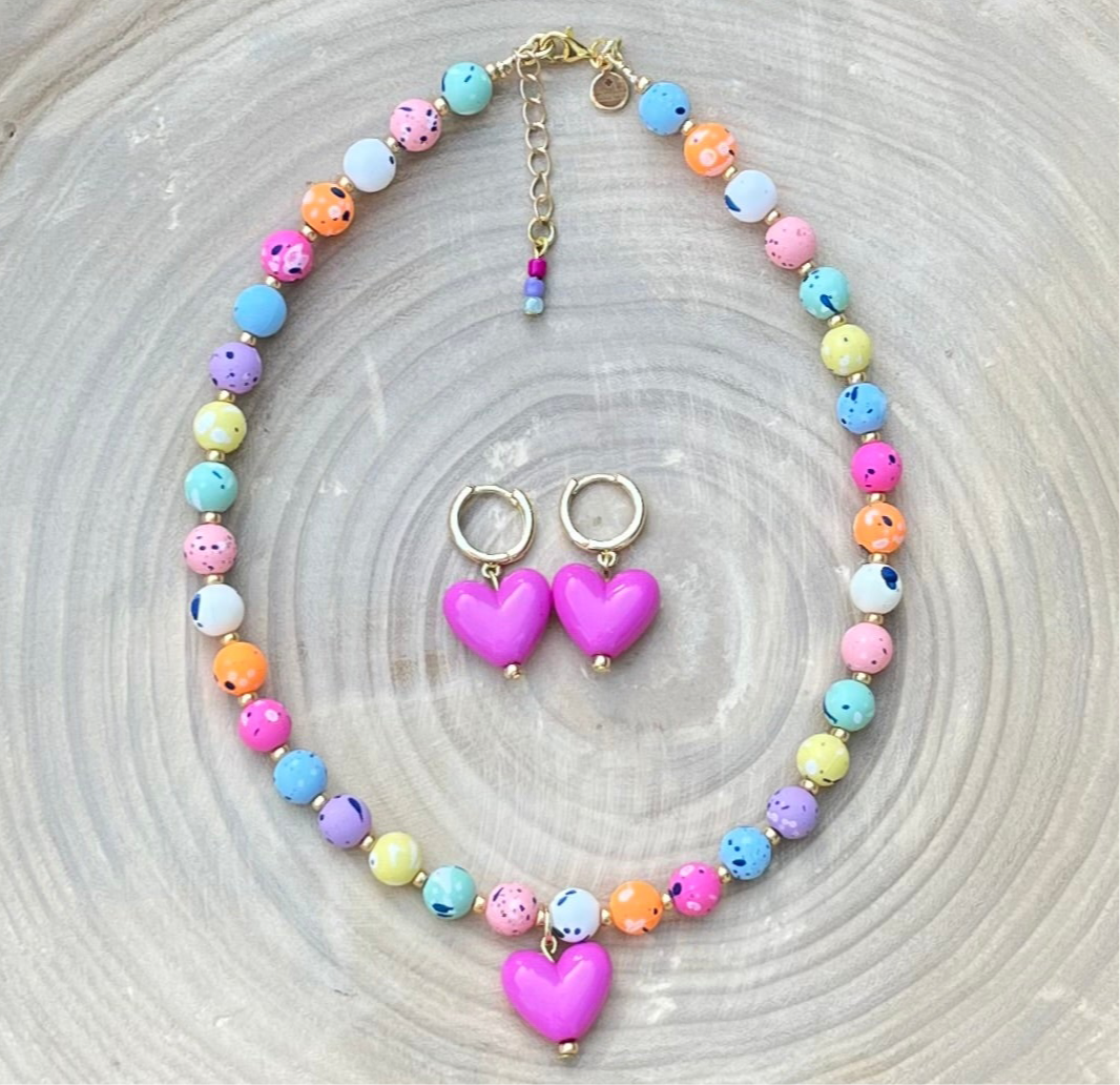 Color Confetti Heart Earrings: Hot pink acrylic heart charm on gold huggies