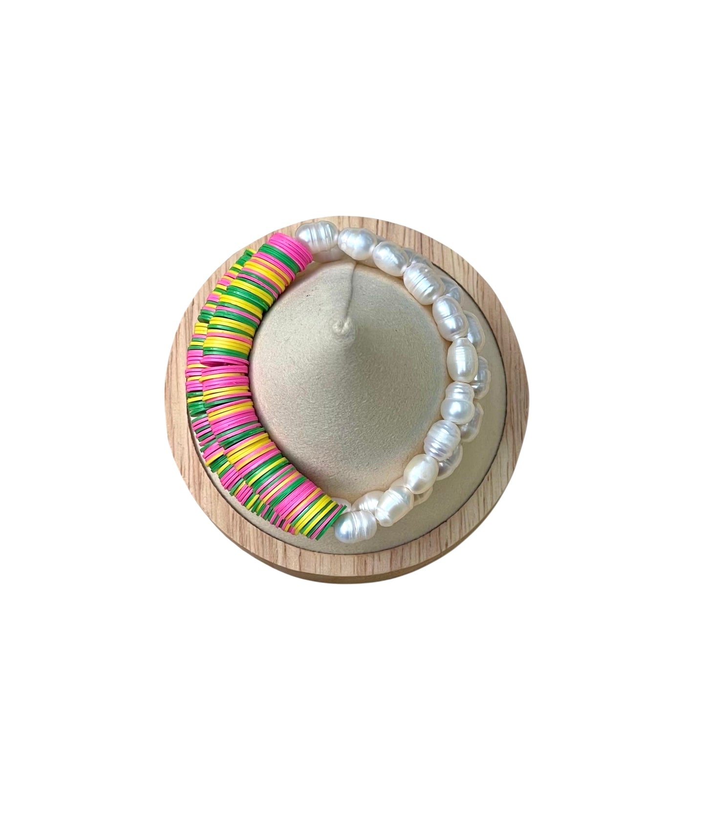 Double Take Bracelet: Freshwater Pearls Meet Fun Bright Phono Vinyl Beads Stretch Bracelet