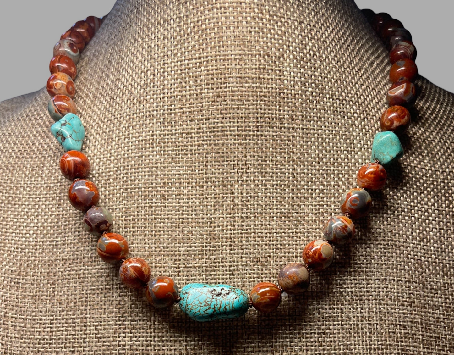 Red Copper & Turquoise Necklace: Hand knotted on brown silk, Natural Agate beads and rustic Turquoise, Gold Toggle clasp OOAK