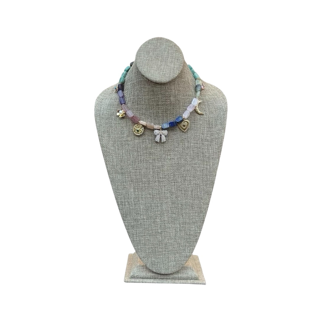 The Gemmy Charms Necklace: Mixture of Gemstone rectangle beads and fun gold charms—Limited Edition