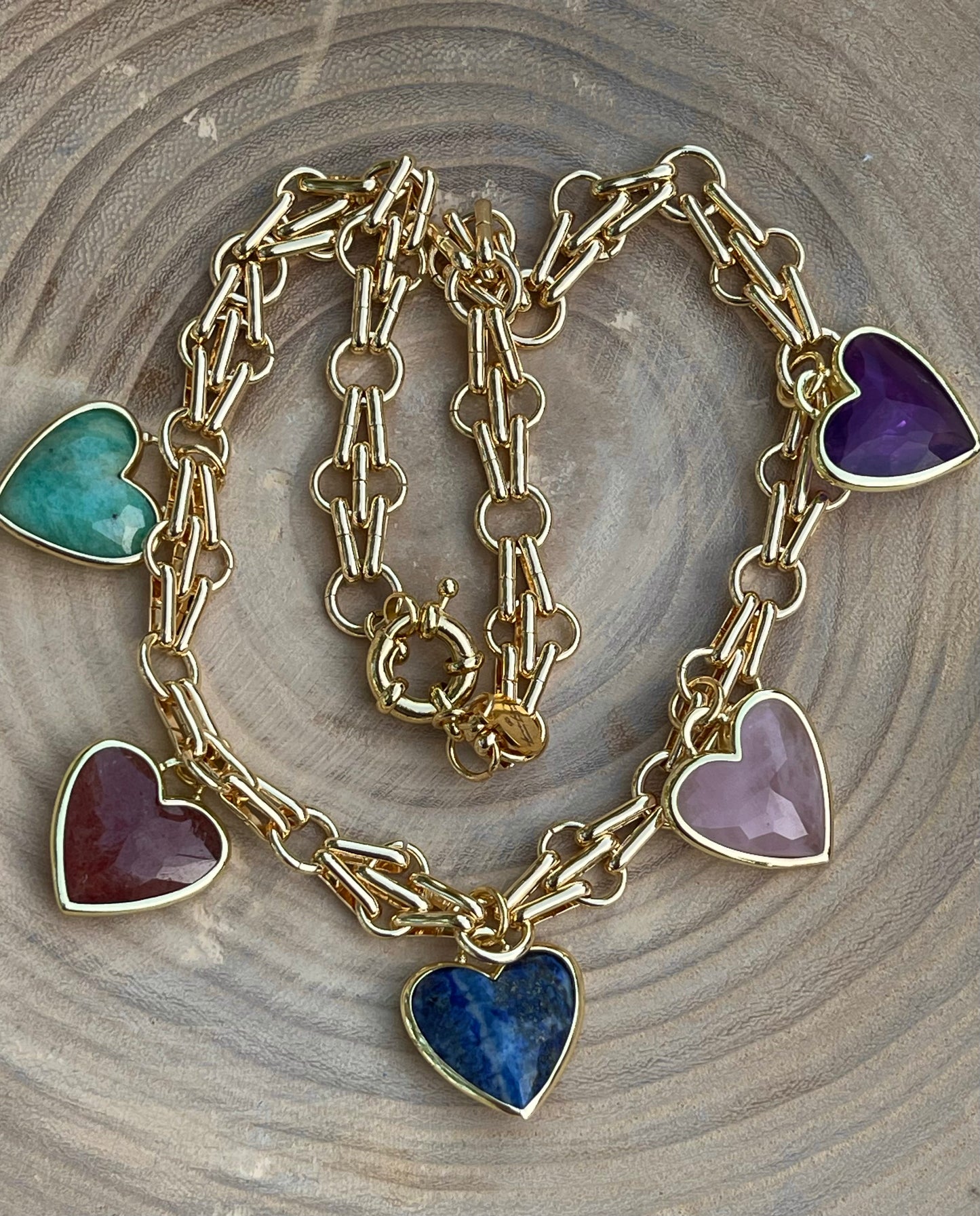 Queen of Hearts Necklace: Faceted Gemstone Hearts on a unique Anti-tarnish Chain