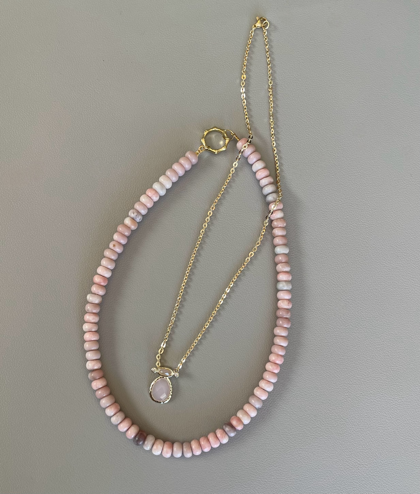 The Chic Pink Set: Matte pink opals with a gold charm holder clasp & a gold filled chain w a pink crystal and CZ charm OOAK