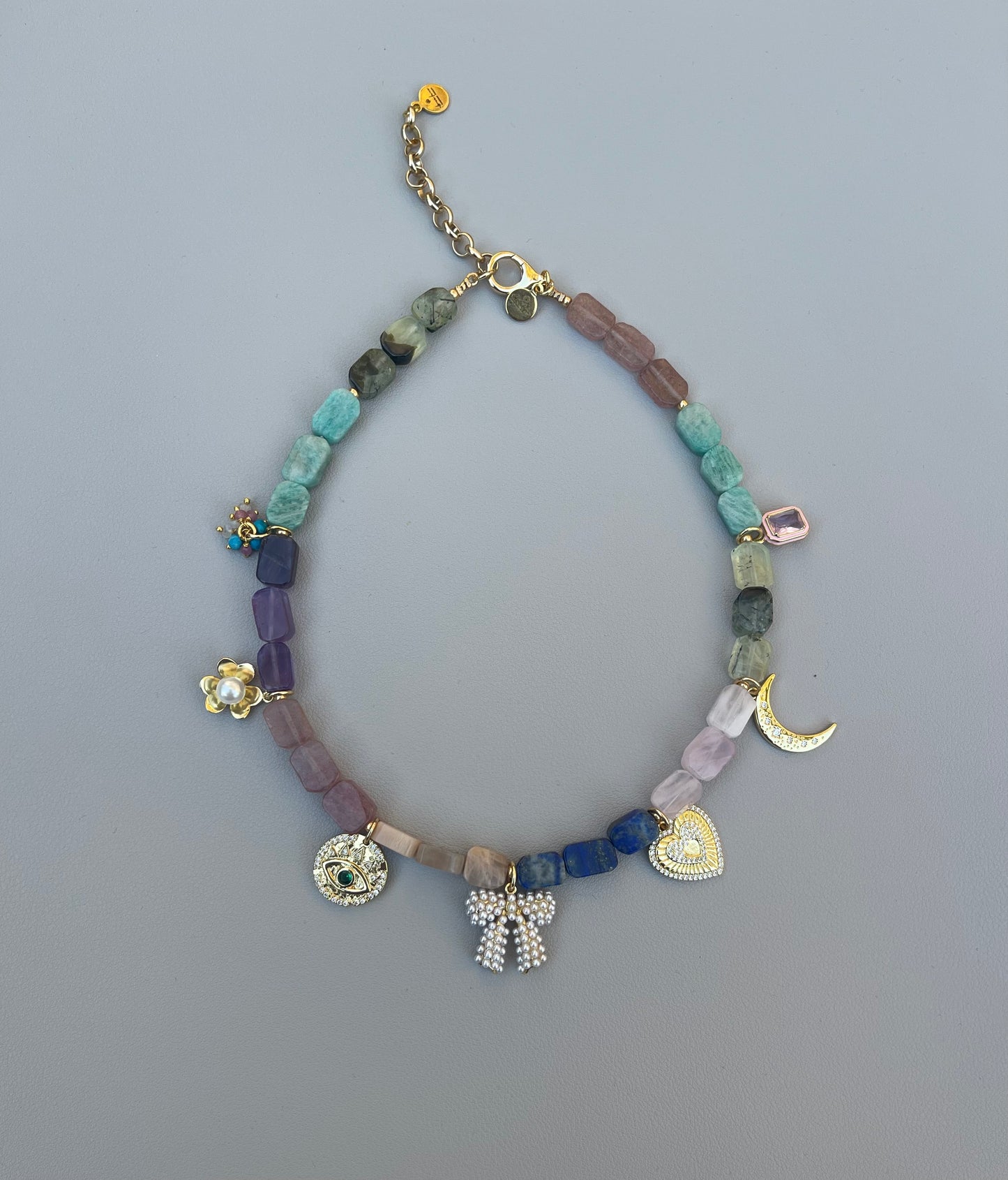 The Gemmy Charms Necklace: Mixture of Gemstone rectangle beads and fun gold charms—Limited Edition