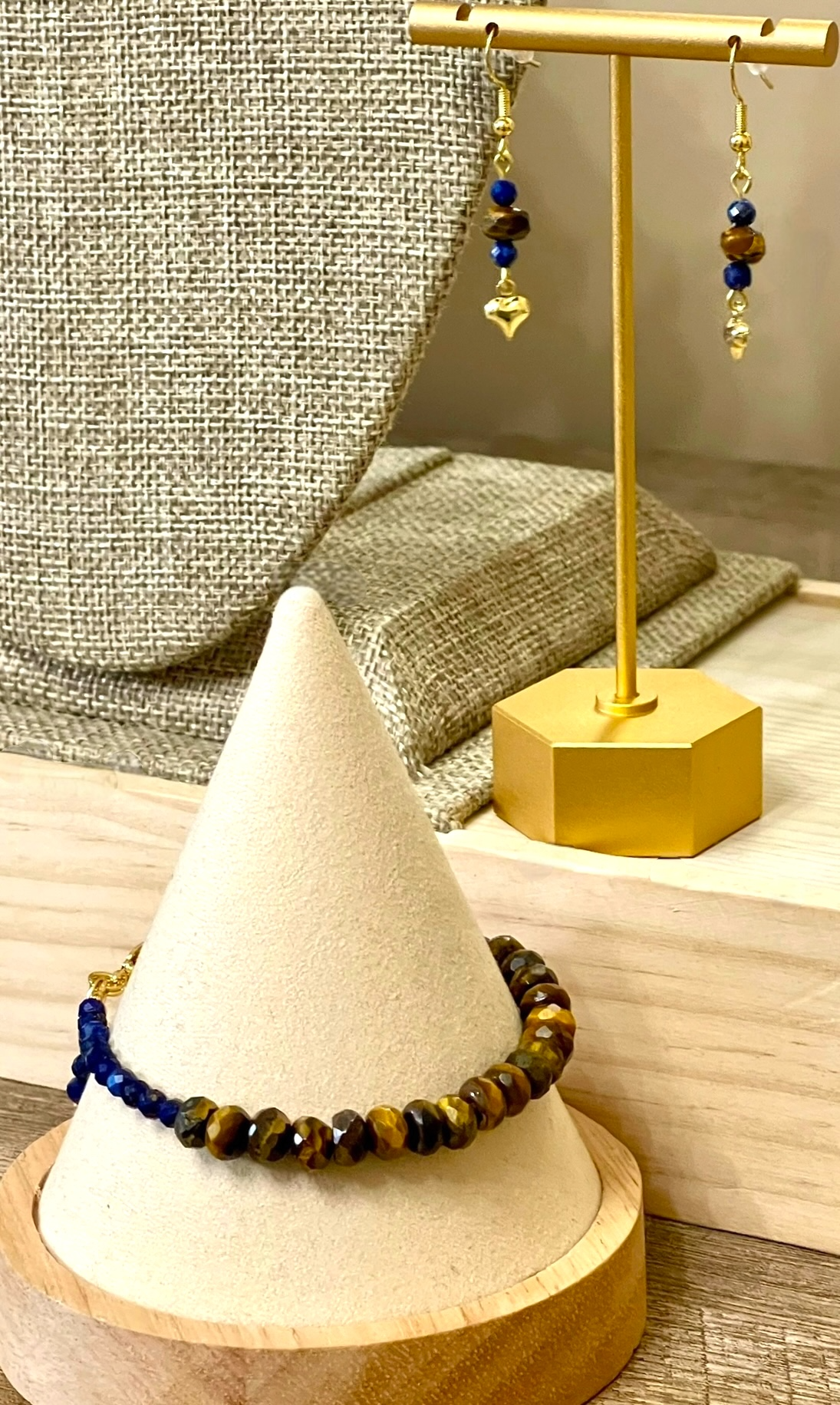 The Horizon Earrings: Tiger Eye Lapis and Gold French Hook Dangle Style OOAK