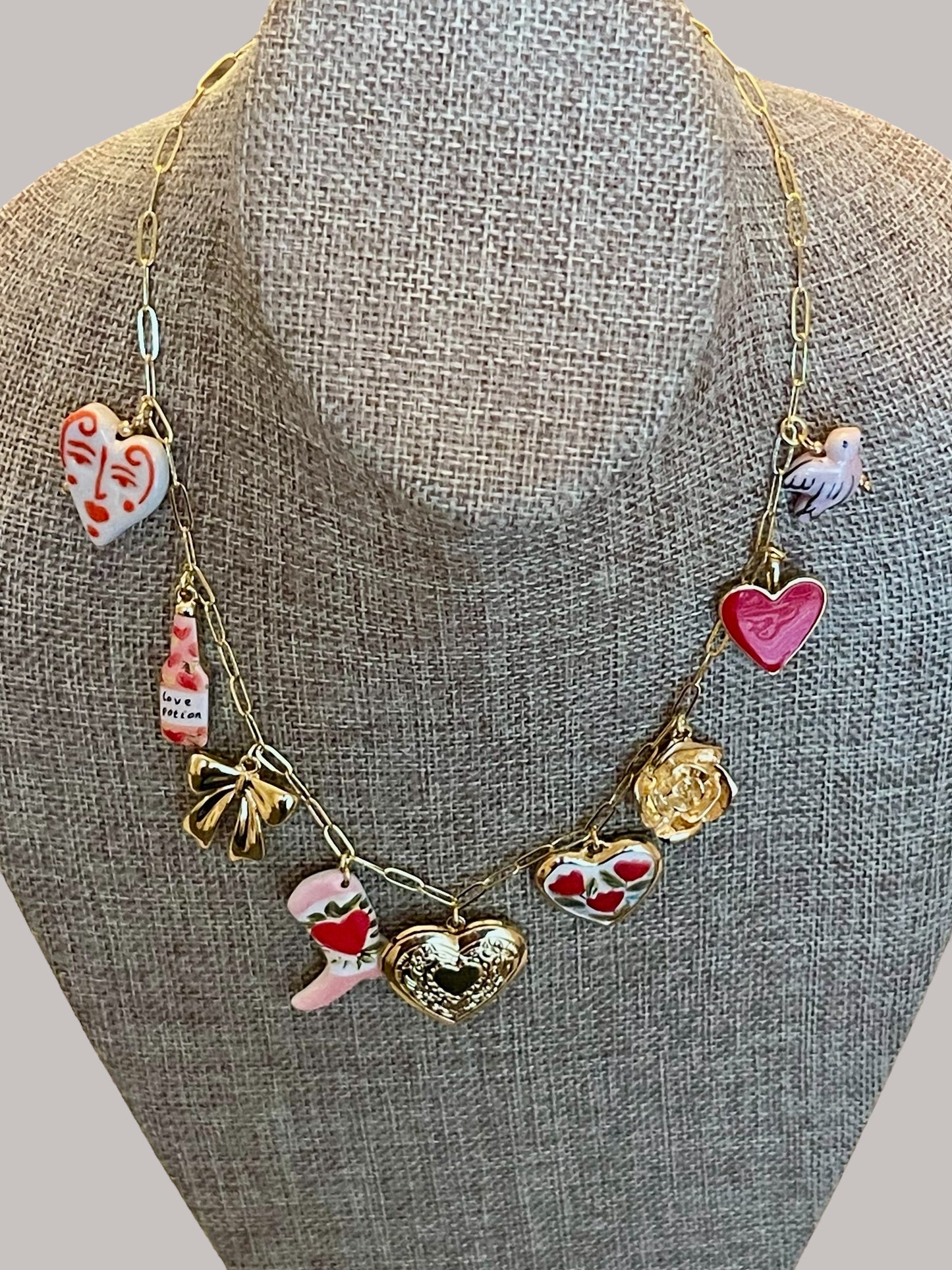 The Ashley Necklace: OOAK Tarnish resistant Paperclip chain with enameled, ceramic and gold plated charms