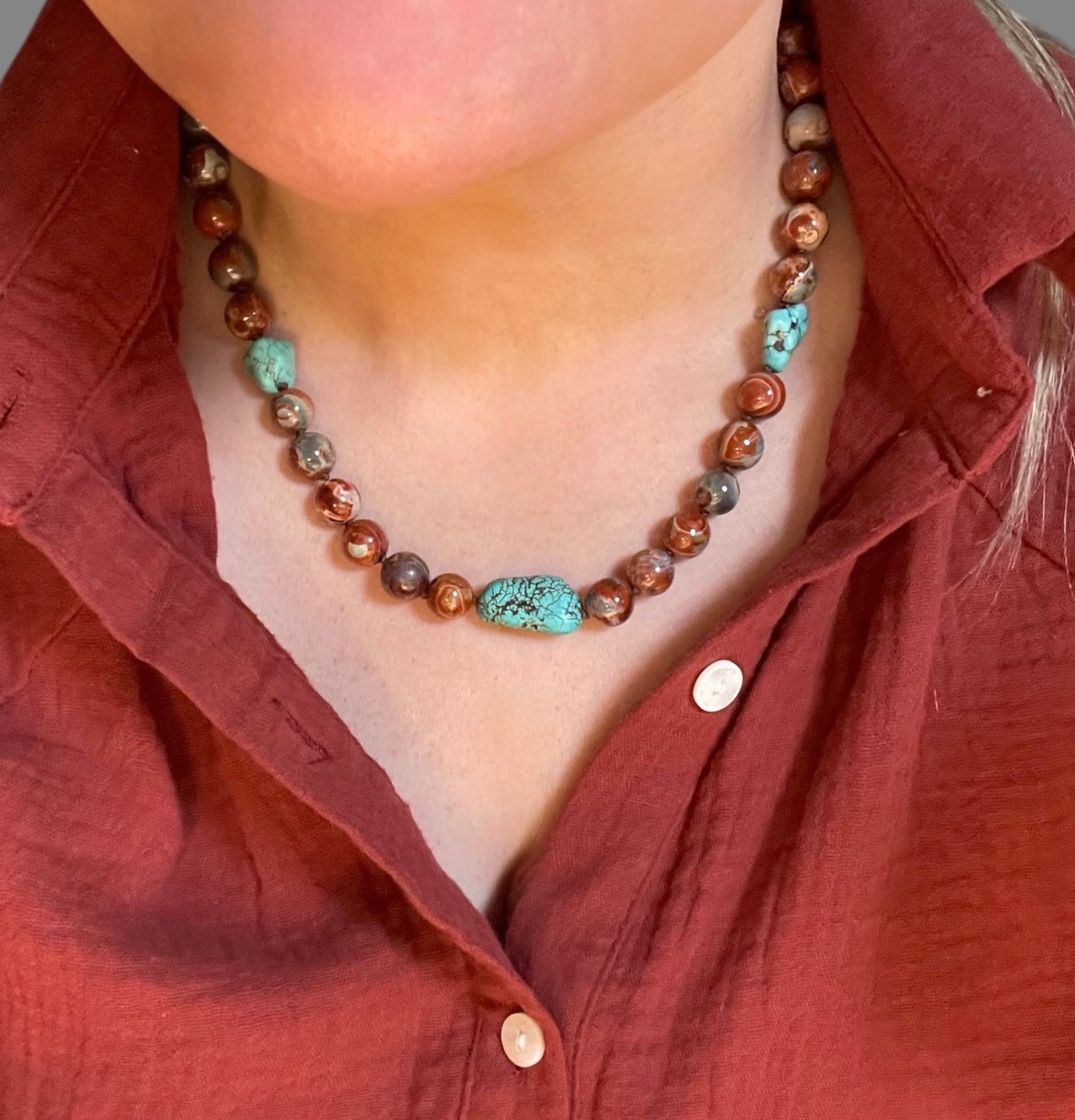 Red Copper & Turquoise Necklace: Hand knotted on brown silk, Natural Agate beads and rustic Turquoise, Gold Toggle clasp OOAK