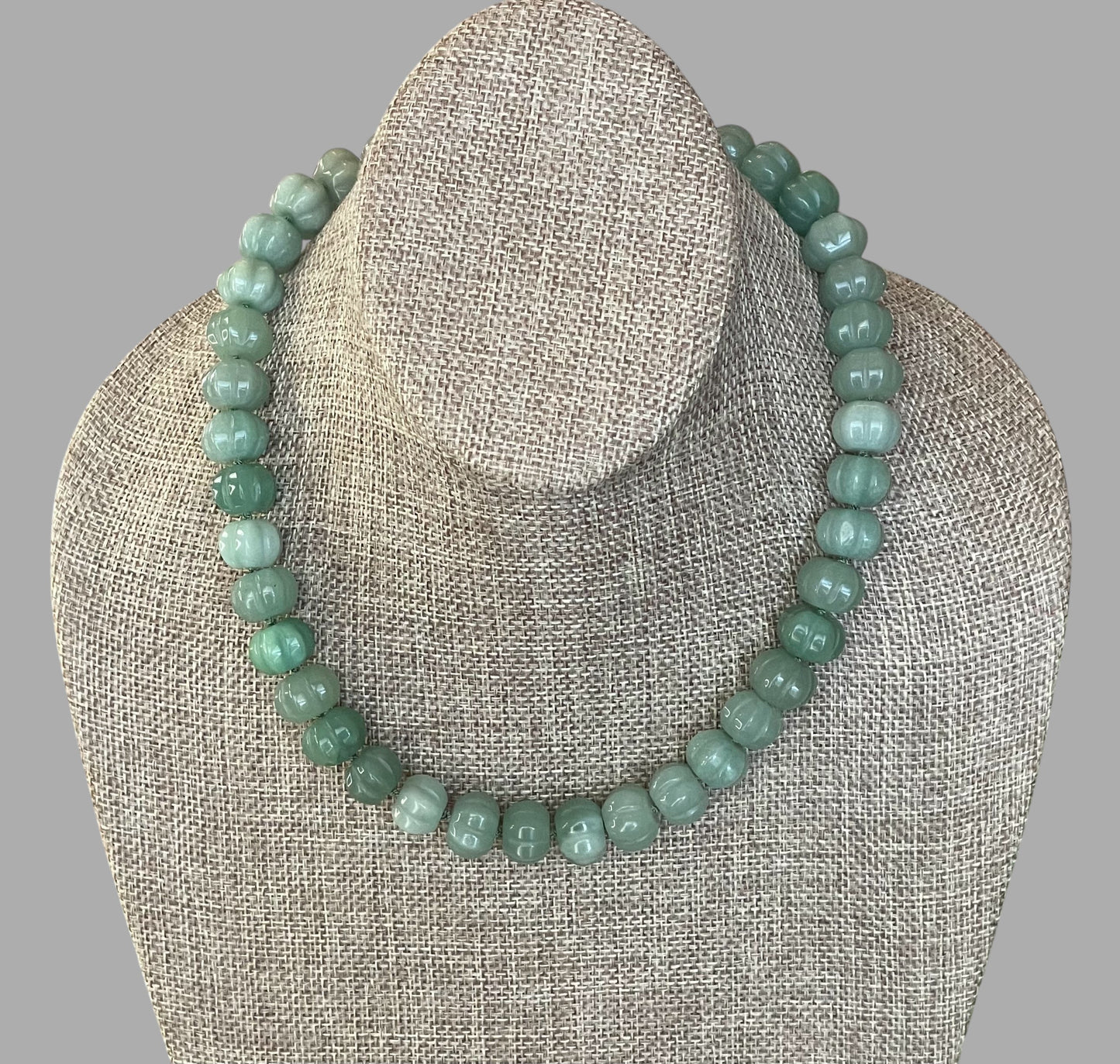 Sage Serenade Necklace OOAK: Sage green hand carved gemstones Hand-knotted on silk