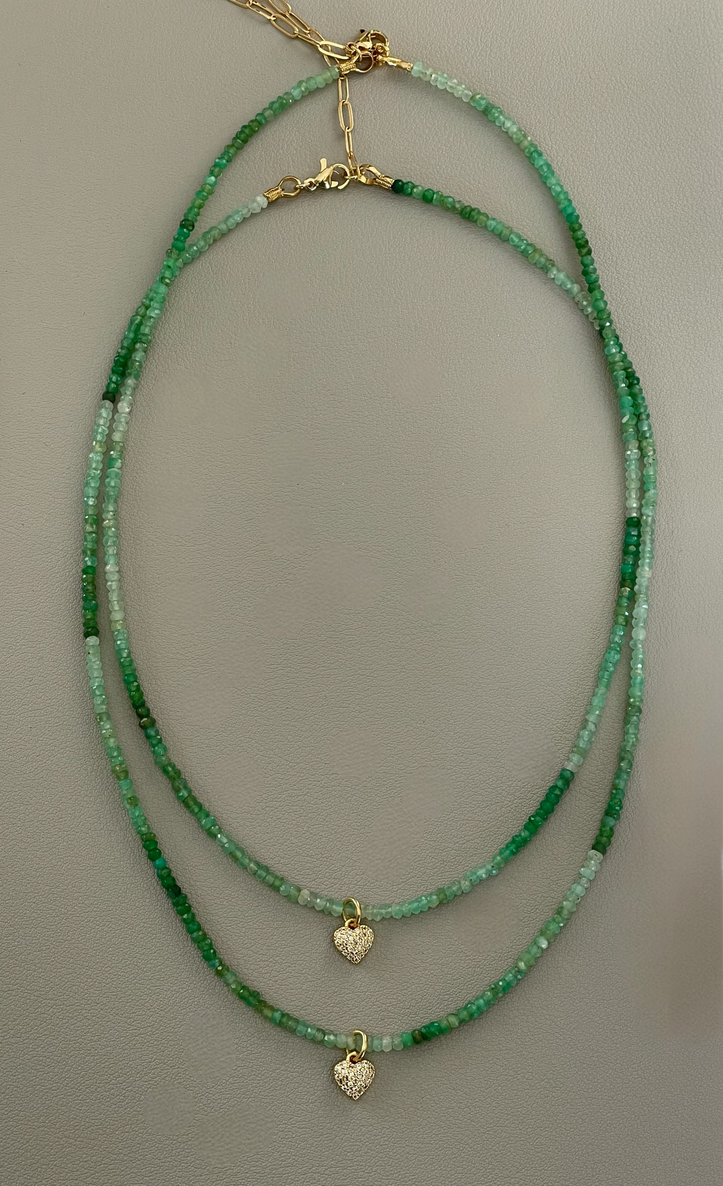Chrysoprase Tiny Heart Skinnie: gradient Chrysoprase faceted 3mm beads Gold Pavé heart charm and gold clasp