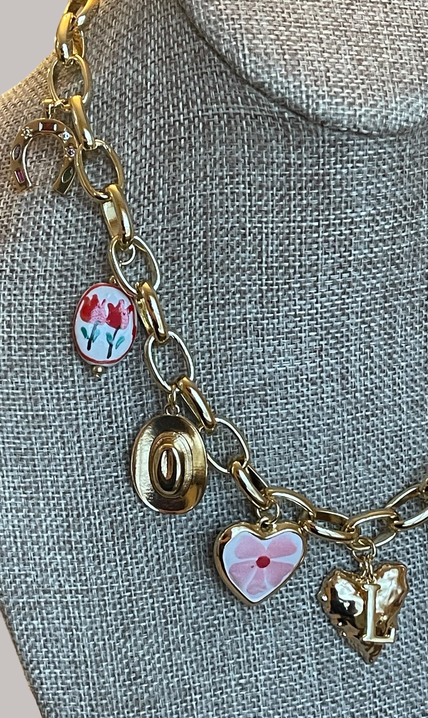 The Rachel Necklace: OOAK Thick gold chain w various fun gold plated charms in a pink and red theme